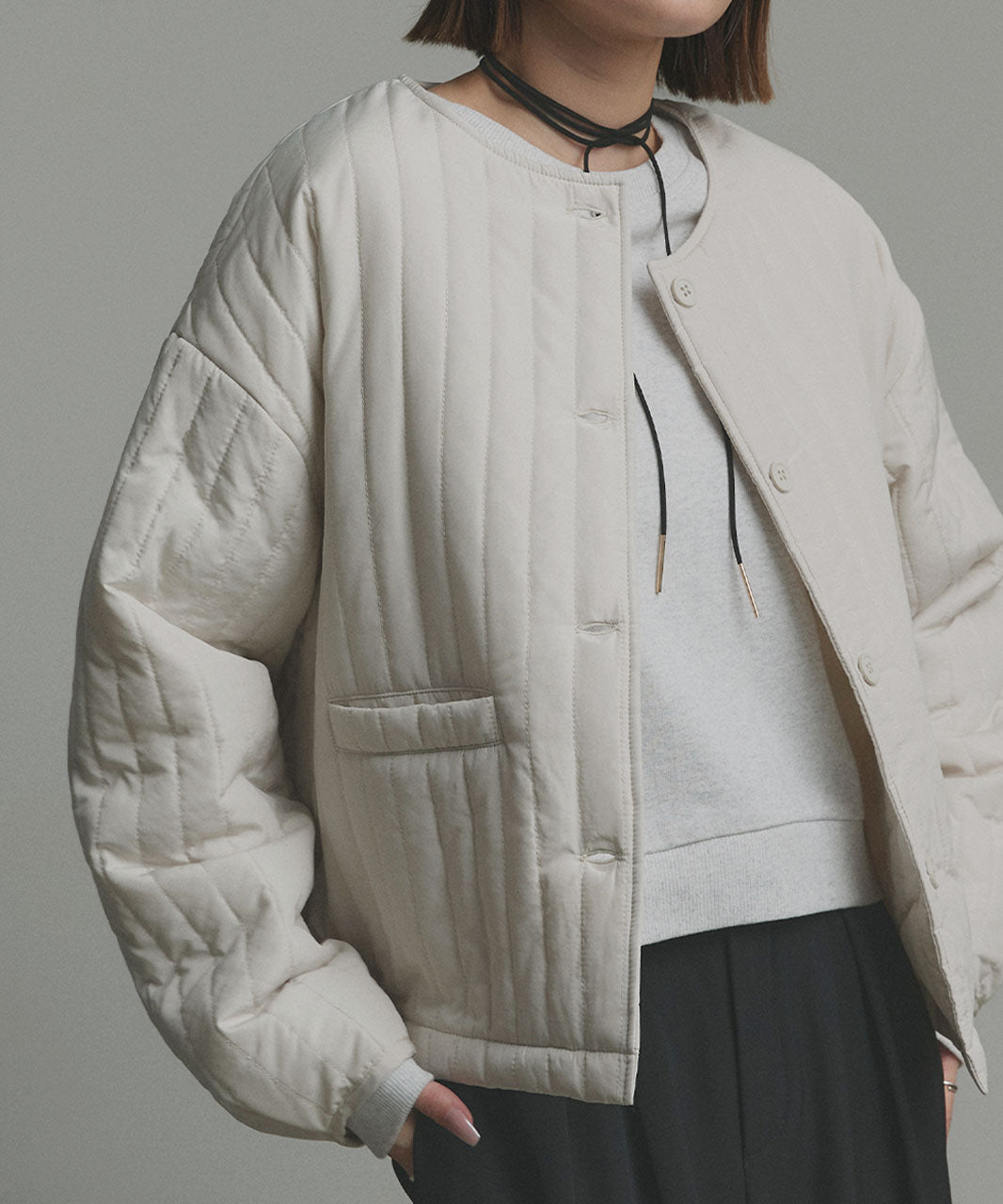 アドティエ ad thie 【2025AW新作】ストライプキルティングノーカラーブルゾン （ライトブルー） ライトブルー