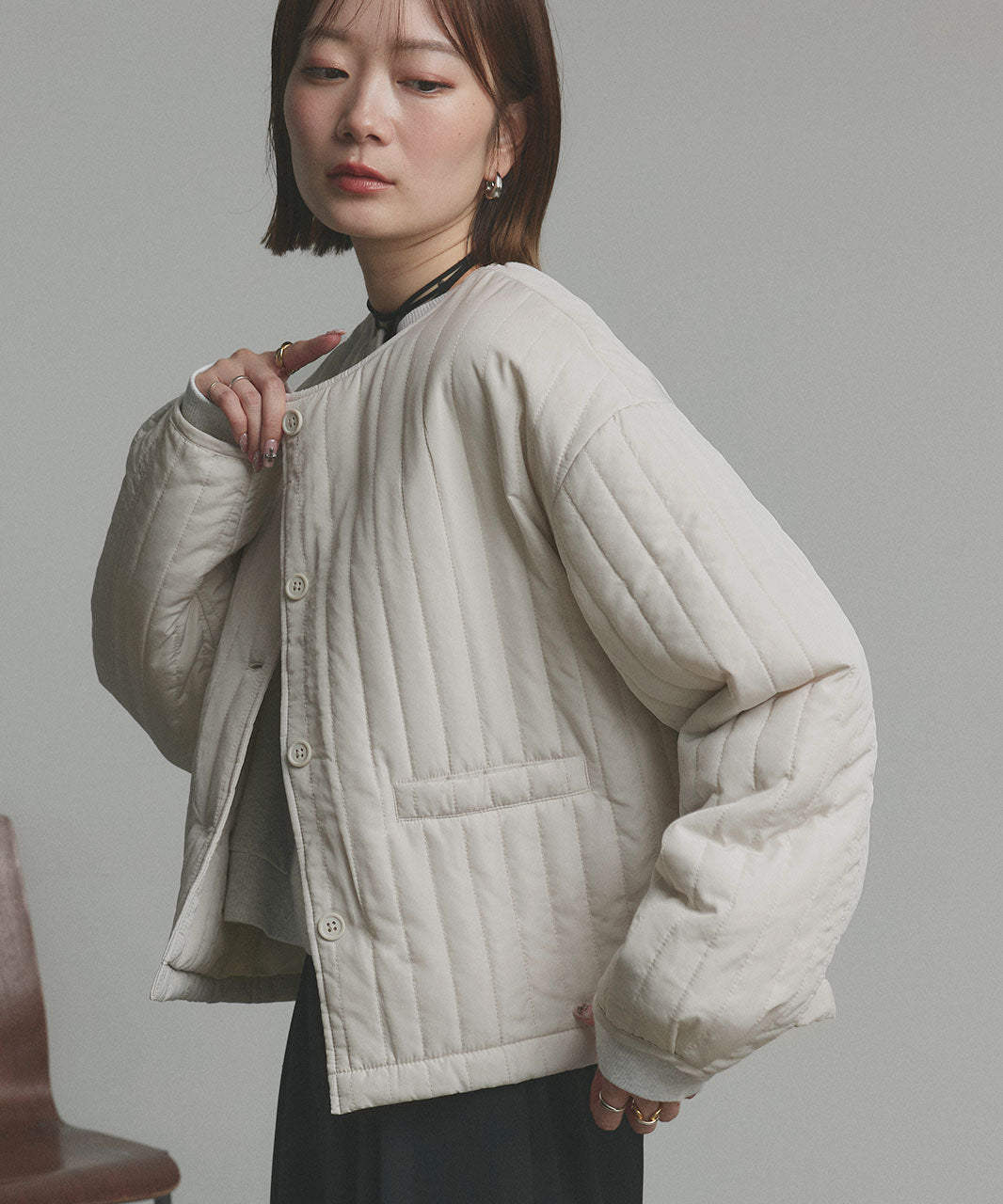 アドティエ ad thie 【2025AW新作】ストライプキルティングノーカラーブルゾン （ライトブルー） ライトブルー