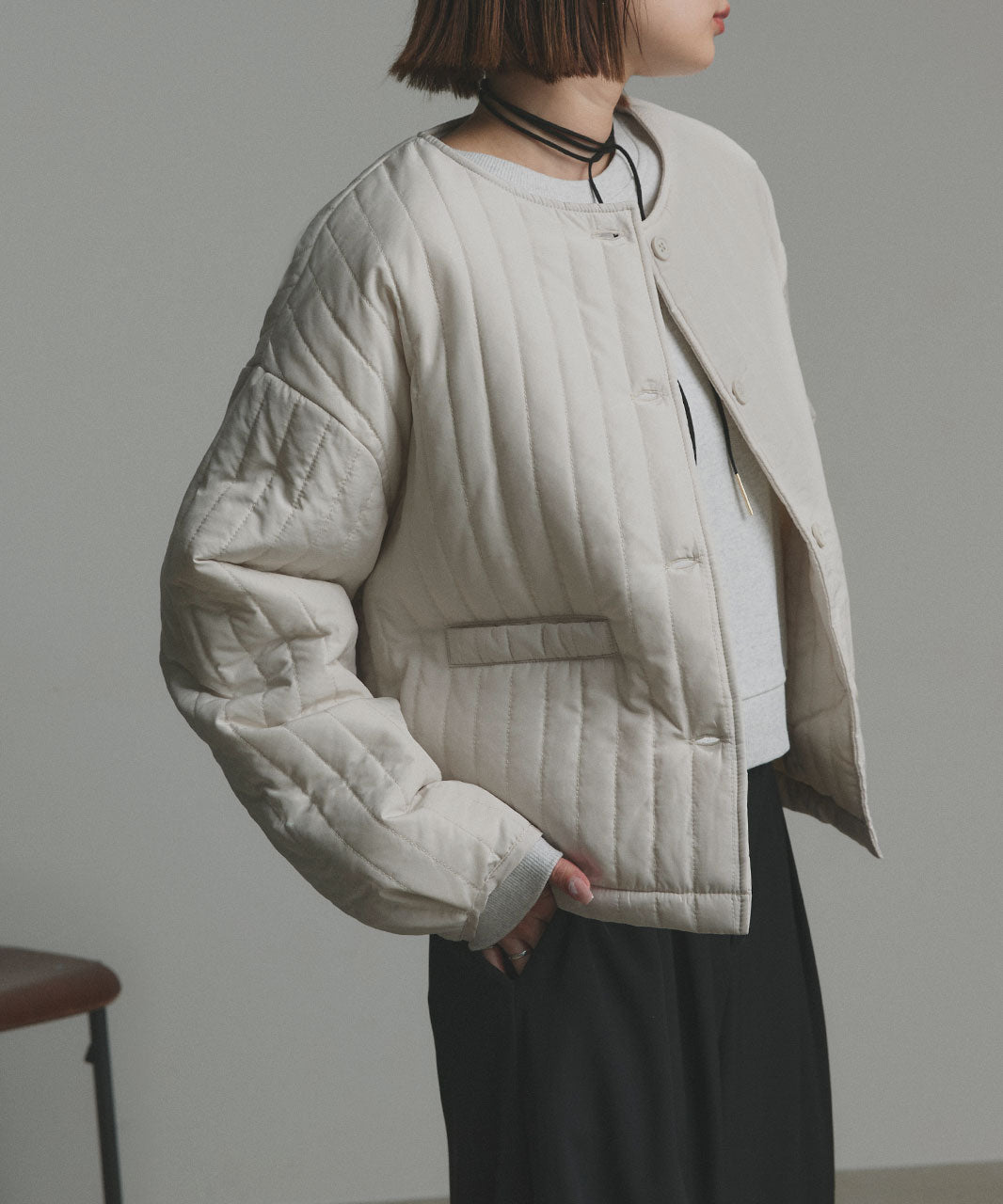 アドティエ ad thie 【2025AW新作】ストライプキルティングノーカラーブルゾン （ライトブルー） ライトブルー