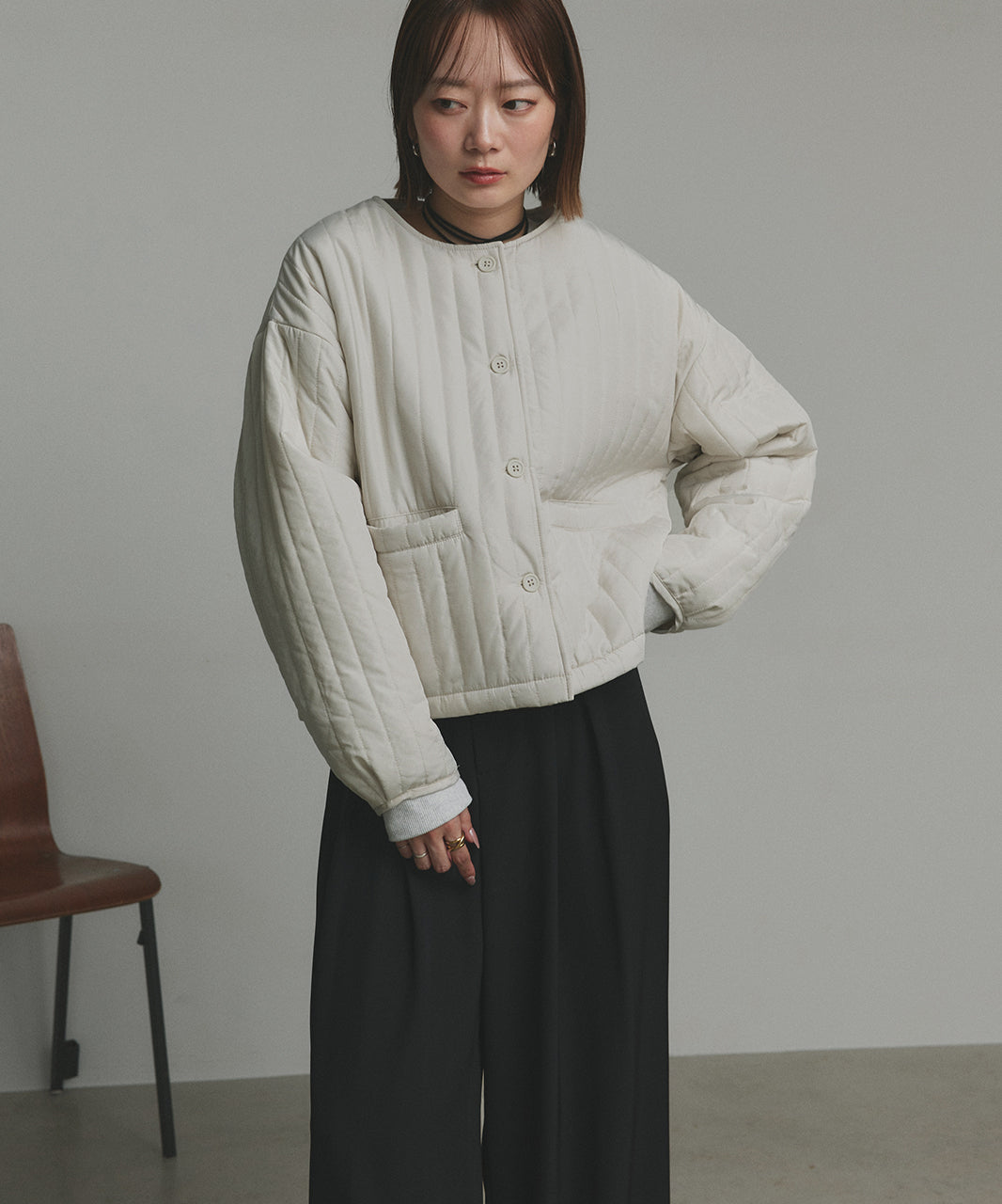 アドティエ ad thie 【2025AW新作】ストライプキルティングノーカラーブルゾン （ライトブルー） ライトブルー