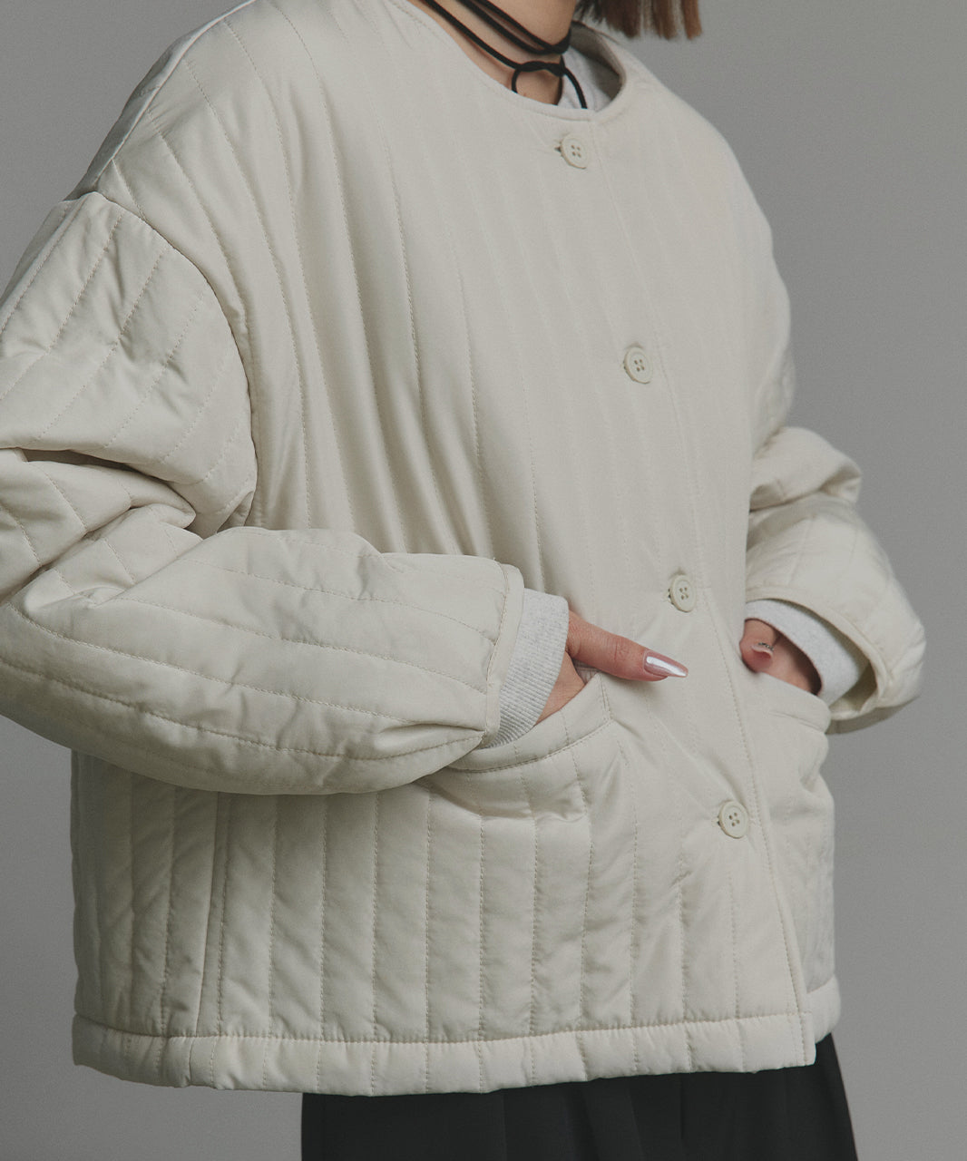 アドティエ ad thie 【2025AW新作】ストライプキルティングノーカラーブルゾン （ライトブルー） ライトブルー