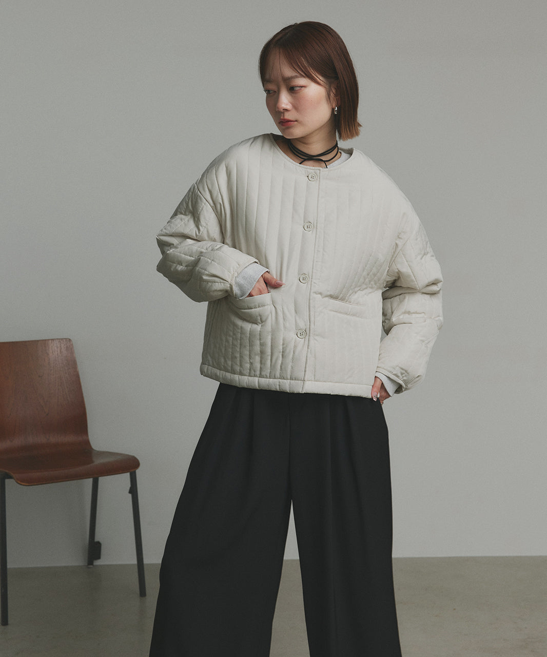 アドティエ ad thie 【2025AW新作】ストライプキルティングノーカラーブルゾン （ライトブルー） ライトブルー