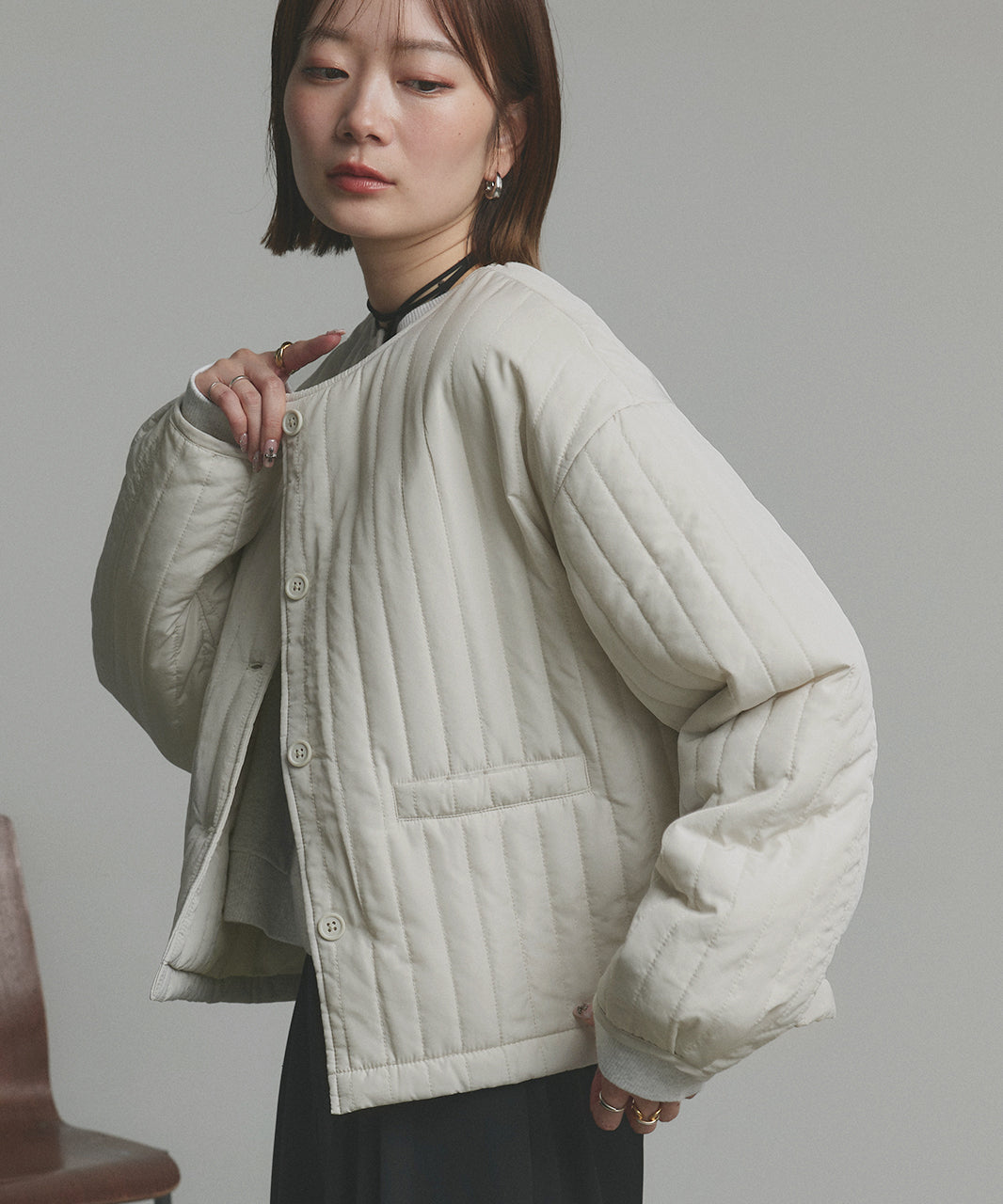 アドティエ ad thie 【2025AW新作】ストライプキルティングノーカラーブルゾン （ライトブルー） ライトブルー