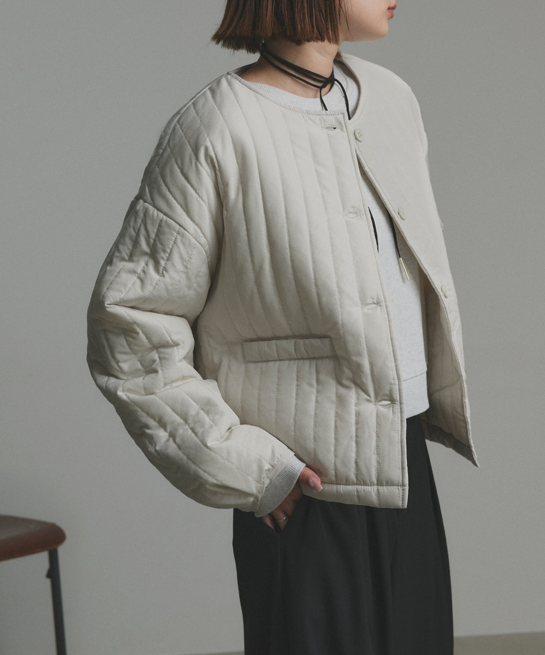 アドティエ ad thie 【2025AW新作】ストライプキルティングノーカラーブルゾン （ライトブルー） ライトブルー