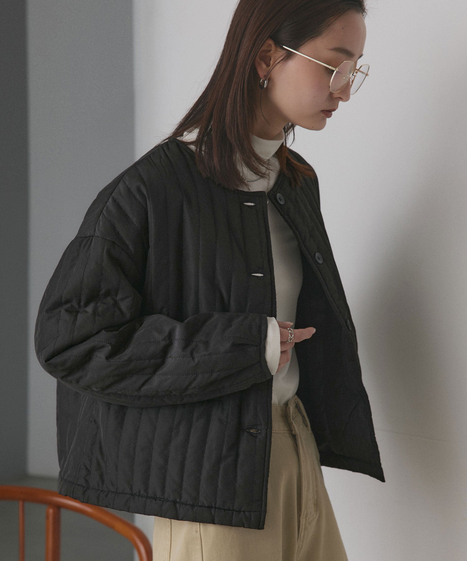 アドティエ ad thie 【2025AW新作】ストライプキルティングノーカラーブルゾン （ライトブルー） ライトブルー