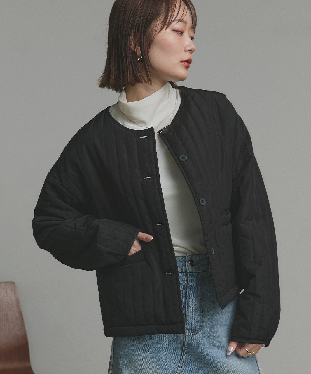 アドティエ ad thie 【2025AW新作】ストライプキルティングノーカラーブルゾン （ライトブルー） ライトブルー