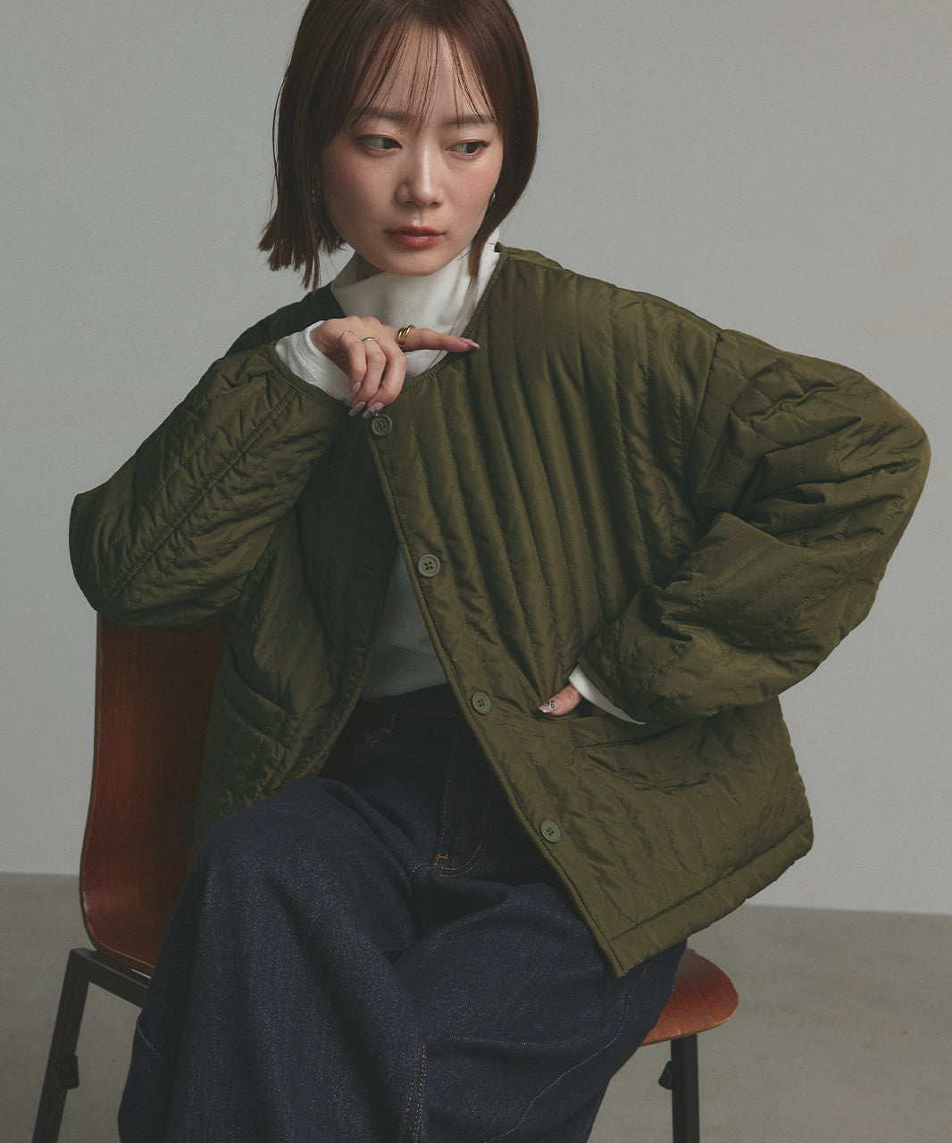 アドティエ ad thie 【2025AW新作】ストライプキルティングノーカラーブルゾン （ライトブルー） ライトブルー