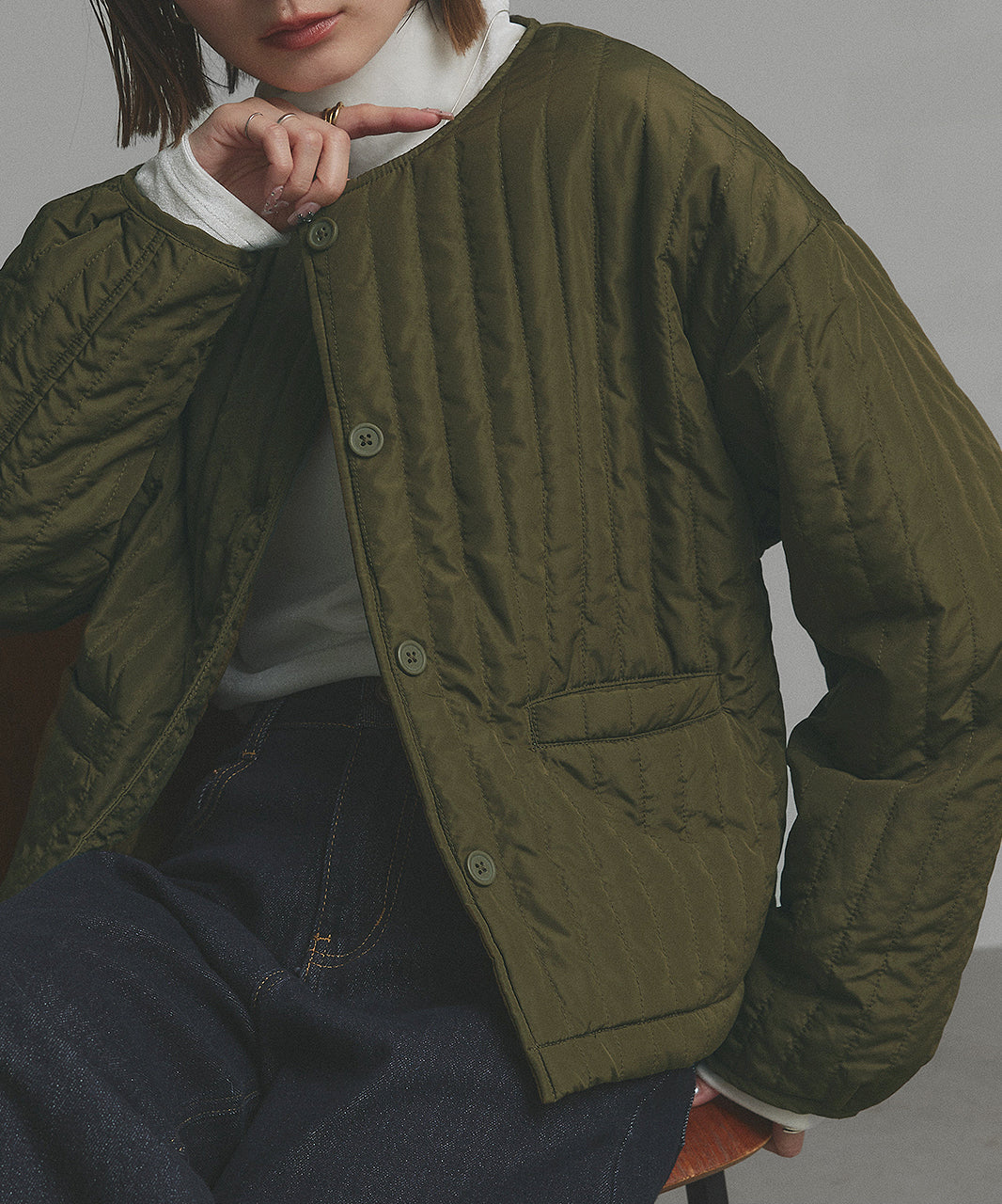 アドティエ ad thie 【2025AW新作】ストライプキルティングノーカラーブルゾン （ライトブルー） ライトブルー