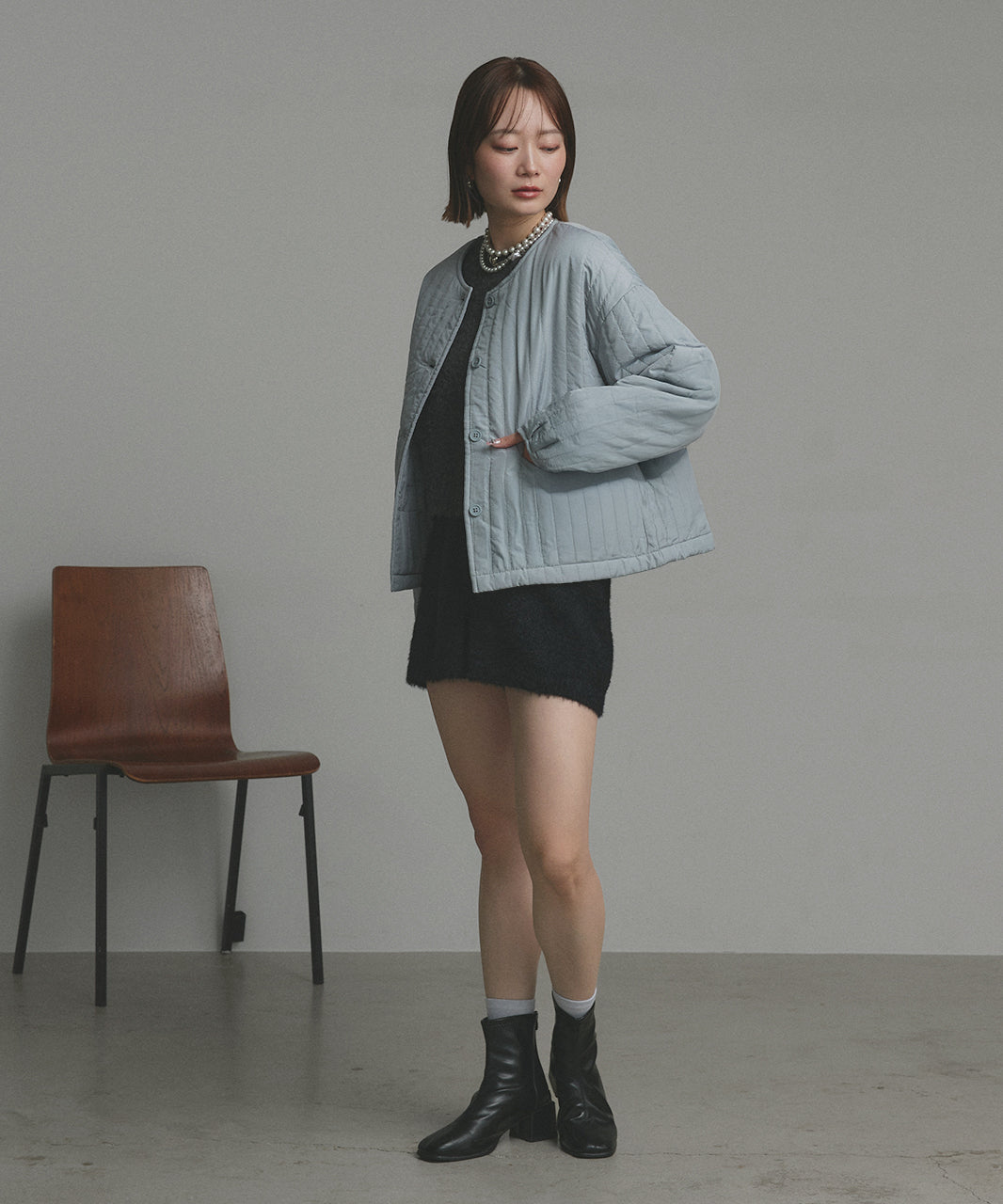 アドティエ ad thie 【2025AW新作】ストライプキルティングノーカラーブルゾン （ライトブルー） ライトブルー