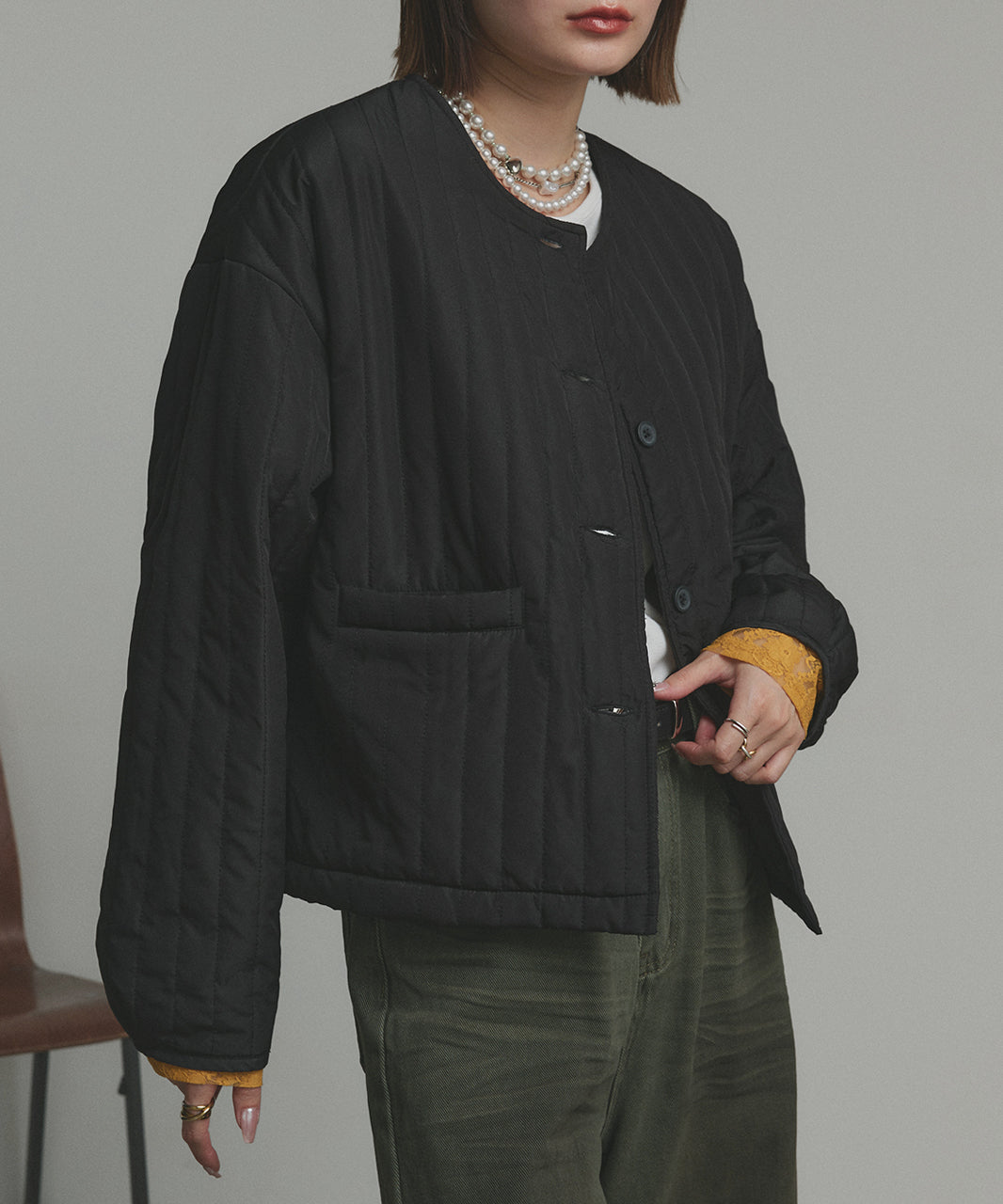 アドティエ ad thie 【2025AW新作】ストライプキルティングノーカラーブルゾン （ブラック） ブラック