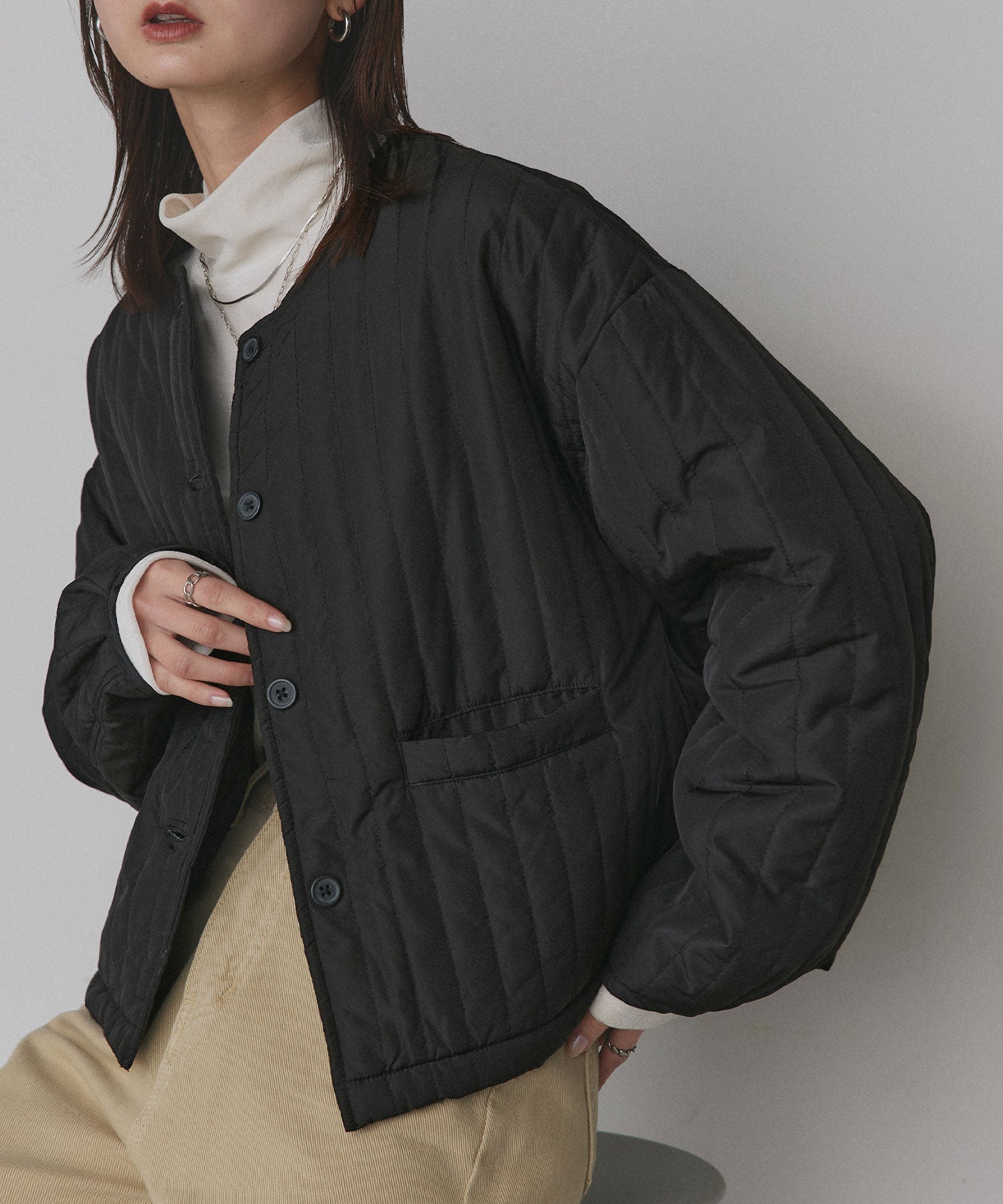 アドティエ ad thie 【2025AW新作】ストライプキルティングノーカラーブルゾン （ブラック） ブラック