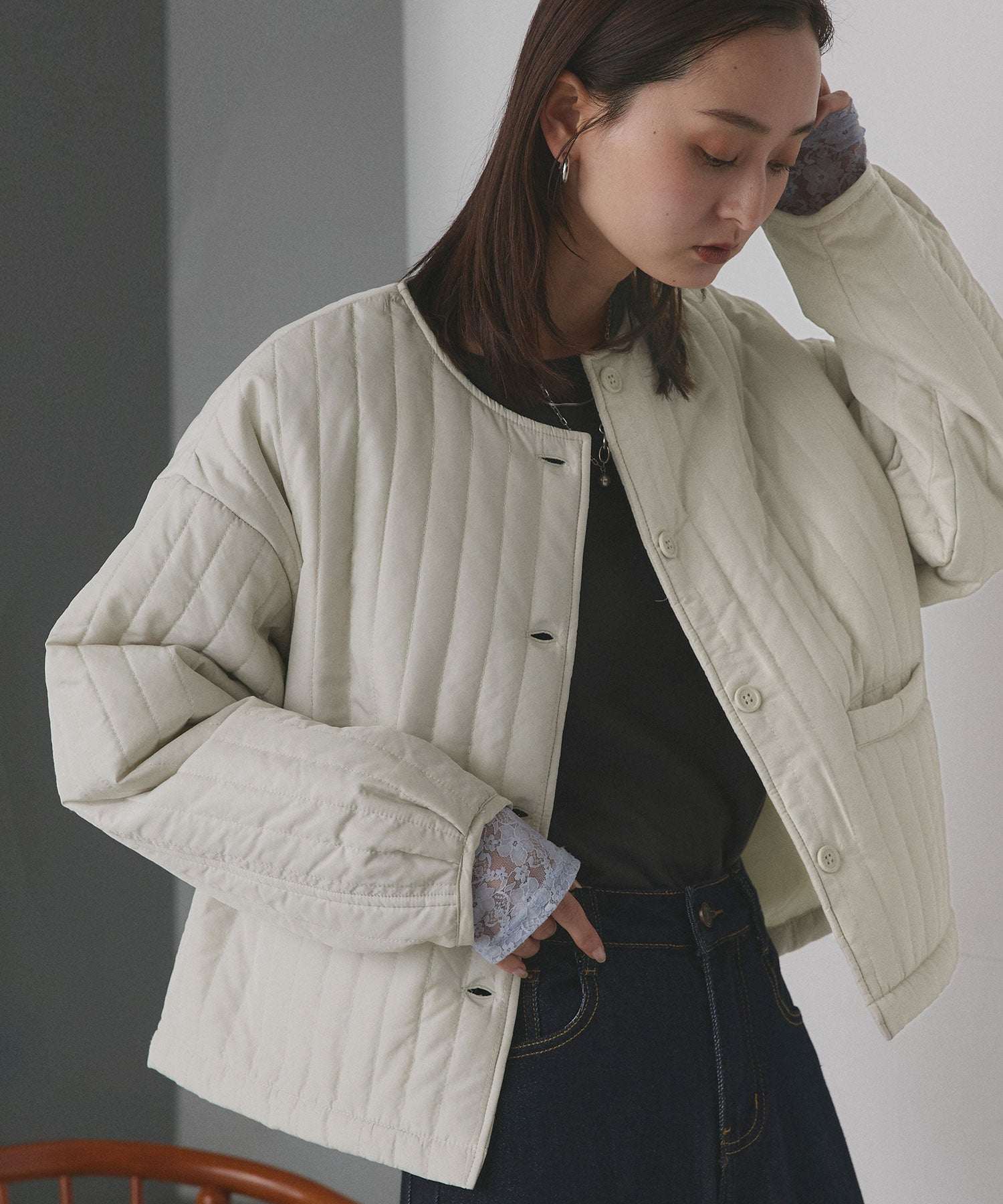 アドティエ ad thie 【2025AW新作】ストライプキルティングノーカラーブルゾン （アイボリー） アイボリー