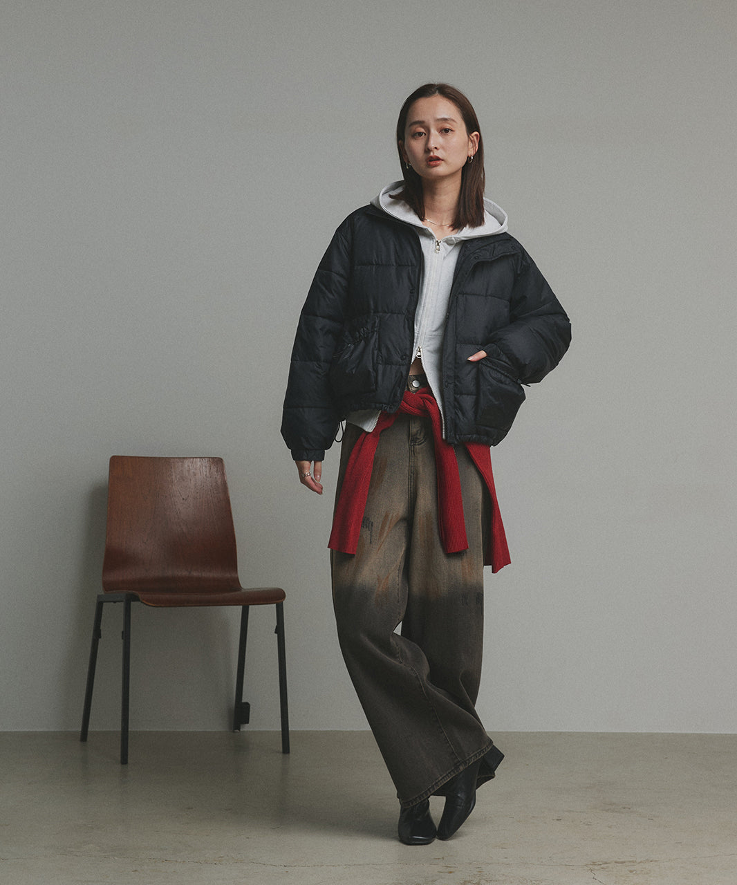 アドティエ ad thie 【2025AW新作】レザーパッチ中綿ダウンブルゾン （ブラック） ブラック