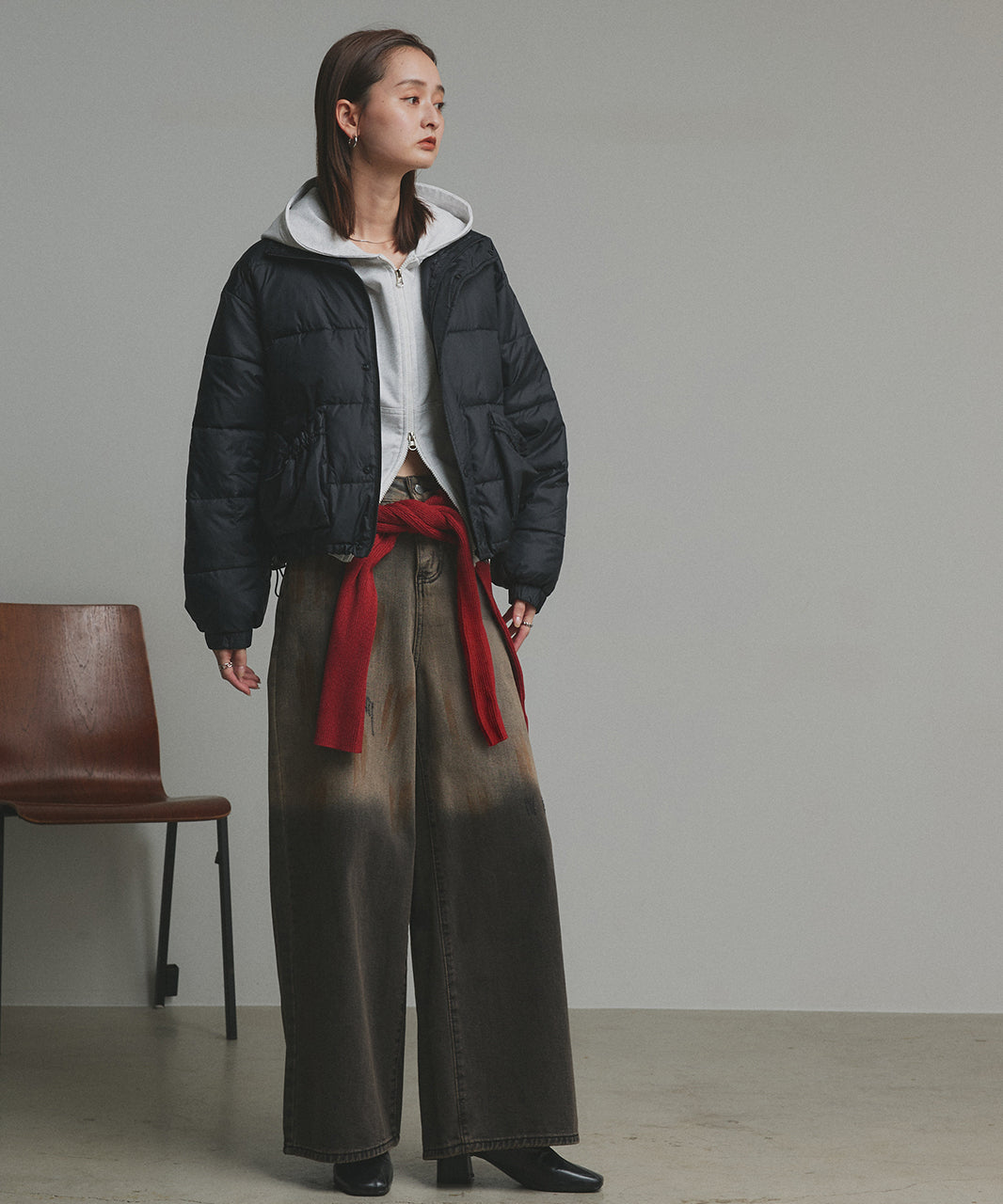 アドティエ ad thie 【2025AW新作】レザーパッチ中綿ダウンブルゾン （ブラック） ブラック
