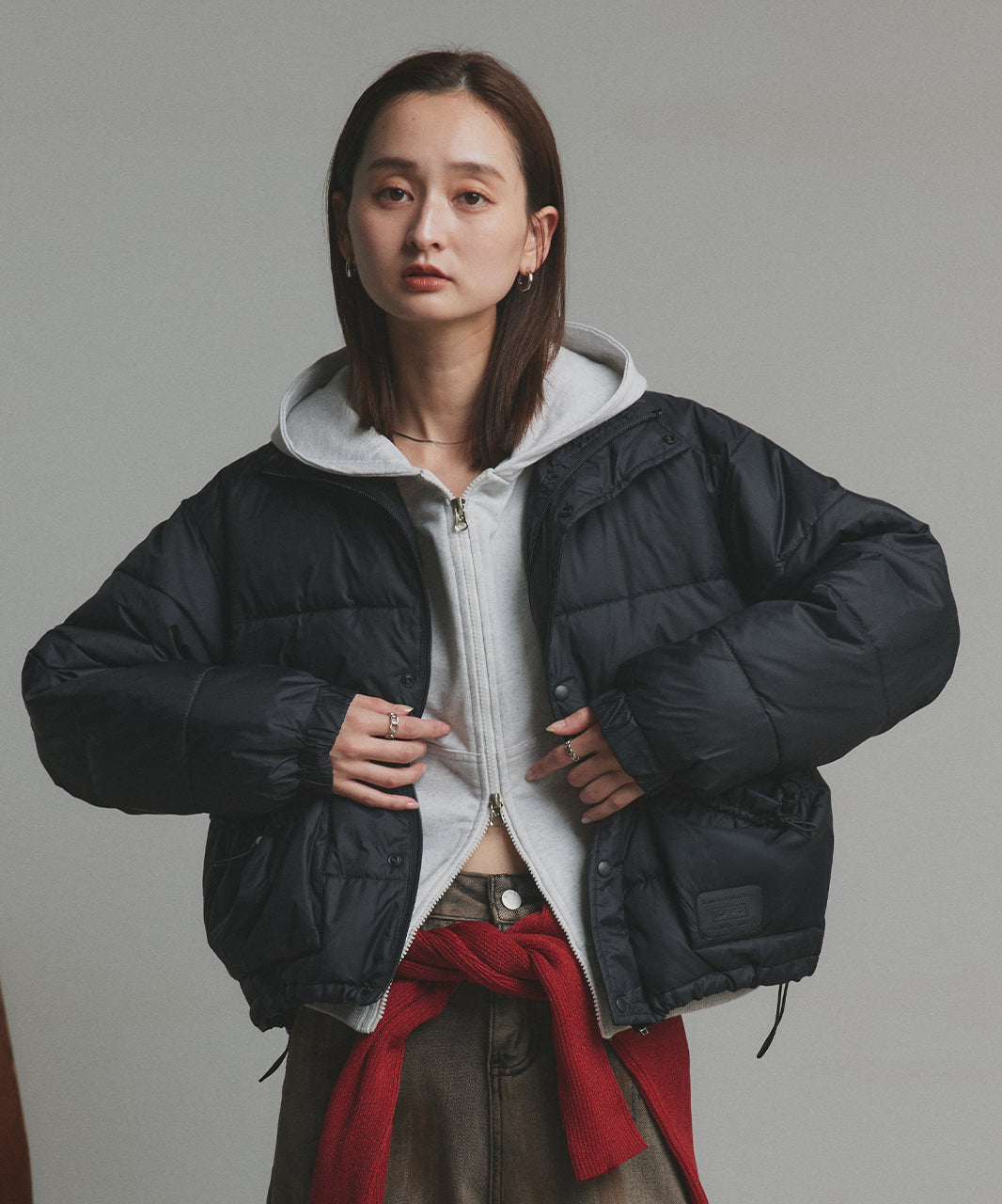 アドティエ ad thie 【2025AW新作】レザーパッチ中綿ダウンブルゾン （ブラック） ブラック