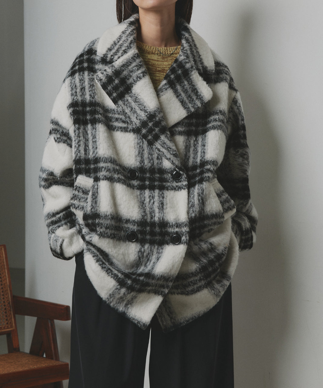 アドティエ ad thie シャギーコクーンミドルコート （チェック） チェック