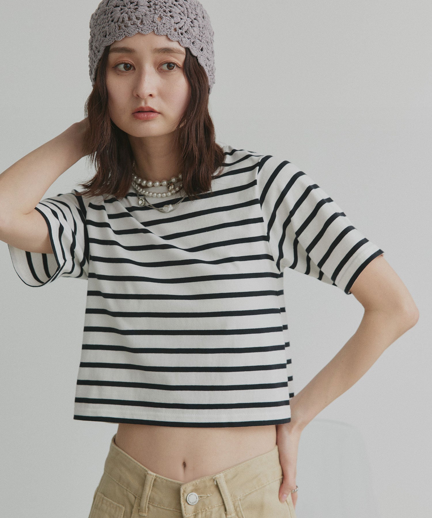 アドティエ ad thie シンプル無地 ボーダー ショート丈ミニTシャツ （ボーダー×オフホワイト） ボーダー×オフホワイト