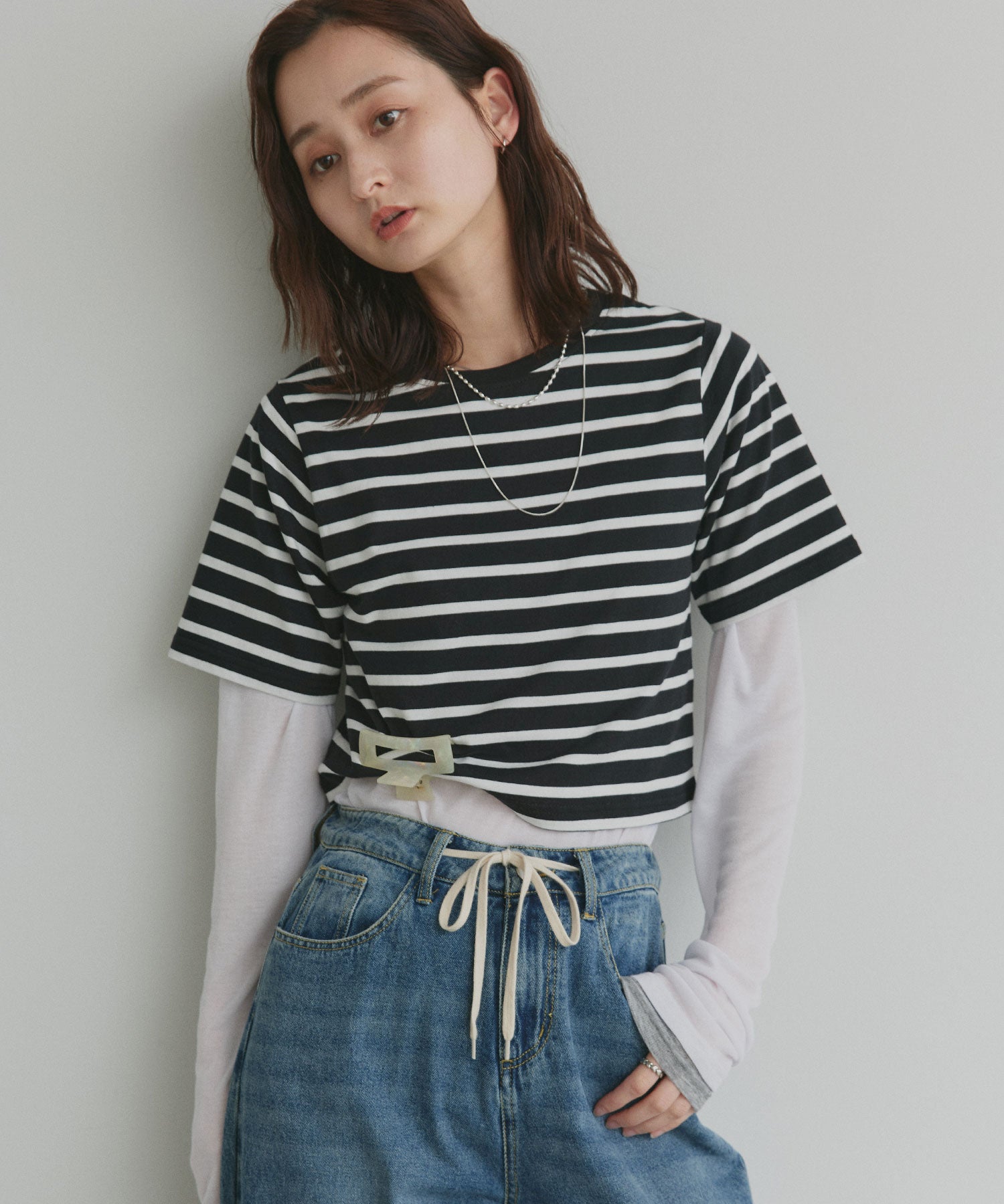 アドティエ ad thie シンプル無地 ボーダー ショート丈ミニTシャツ （ボーダー×ブラック） ボーダー×ブラック
