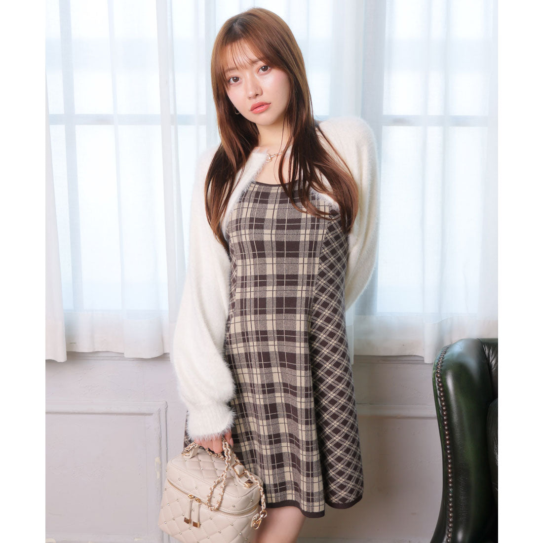 リップサービス LIP SERVICE 【形が選べる】フェザーチェックアンサンブルワンピース （ブラウン） ブラウン