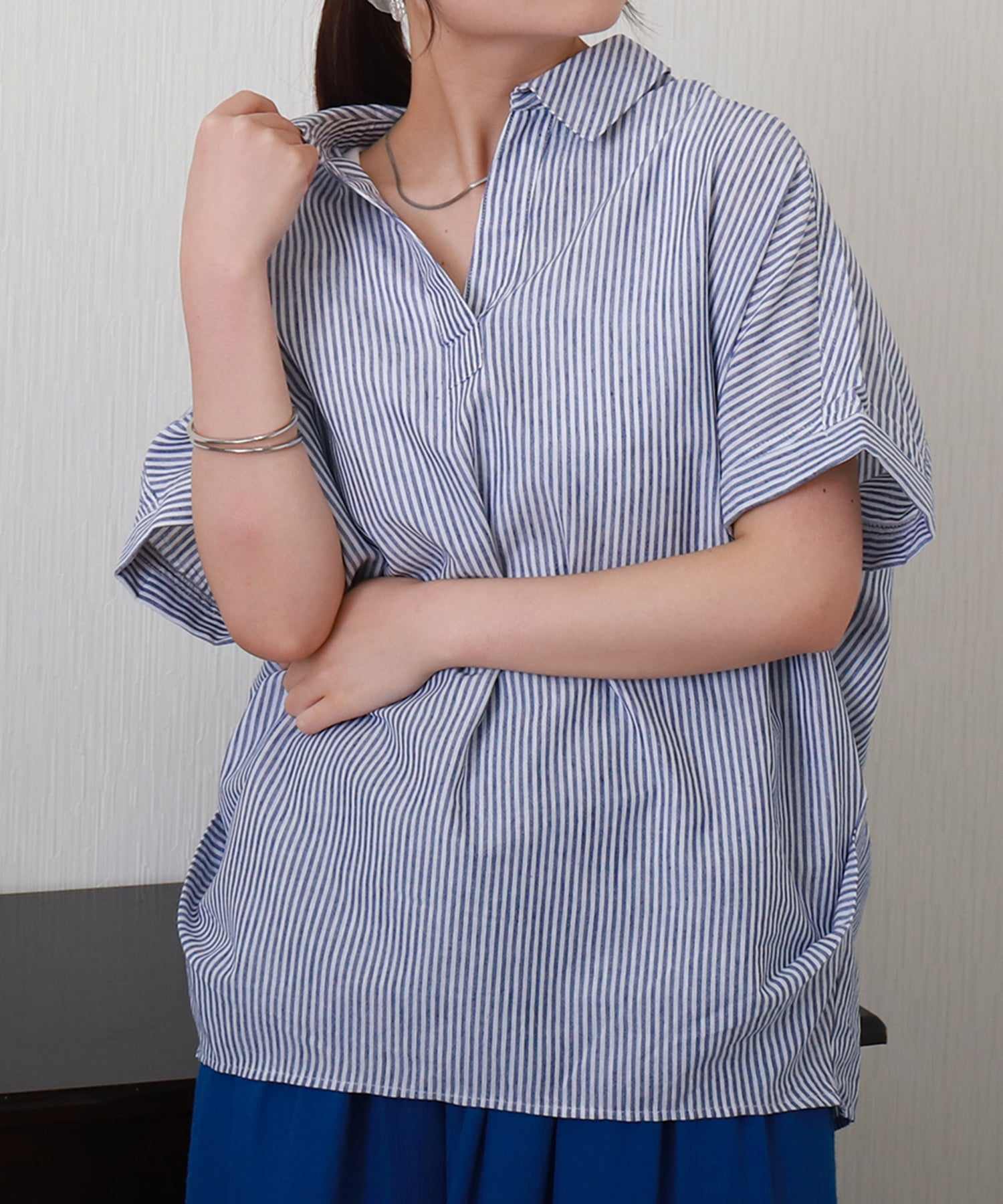 リベル モア libelle more 【抗菌・UVカット・吸水速乾】「やわさらリネン」ストライプスキッパーシャツ （オフ＊サックス） オフ＊サックス