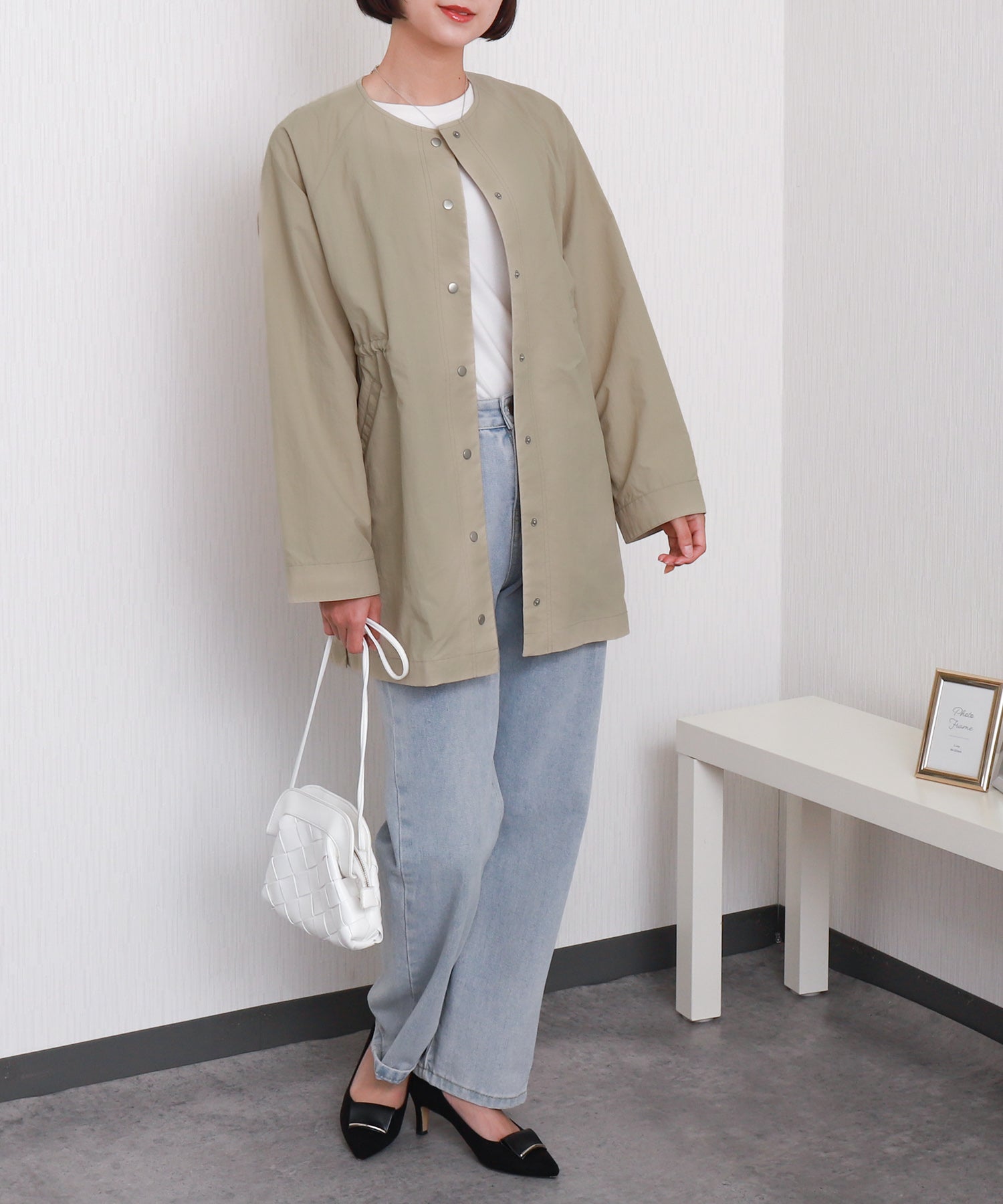 リベル モア libelle more 【防花粉加工】ナイロンノーカラーコート （カーキ） カーキ