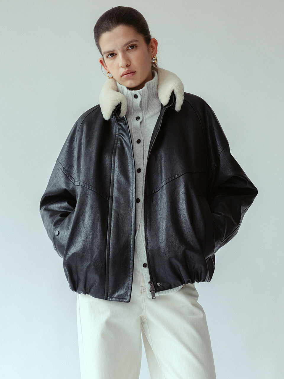 ルエブル LOEUVRE Detachable Fur Collar-Faux Leather Jacket （BLACK） BLACK