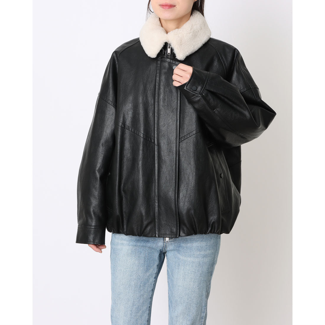 ルエブル LOEUVRE Detachable Fur Collar-Faux Leather Jacket （BLACK） BLACK