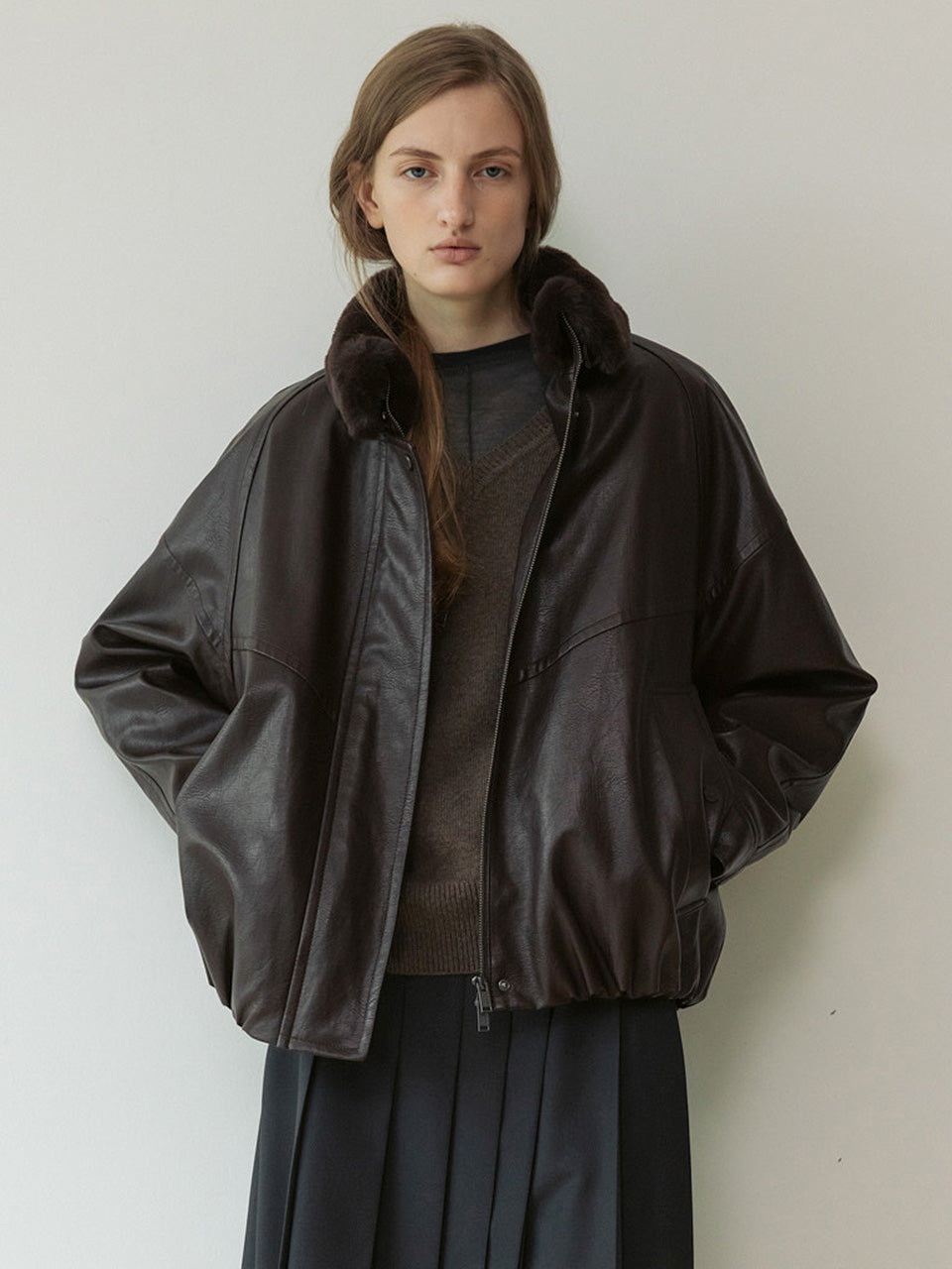ルエブル LOEUVRE Detachable Fur Collar-Faux Leather Jacket （BROWN） BROWN