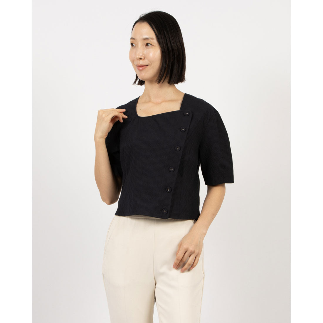 ルエブル LOEUVRE Square Curved-neck Blouse,D/NAVY