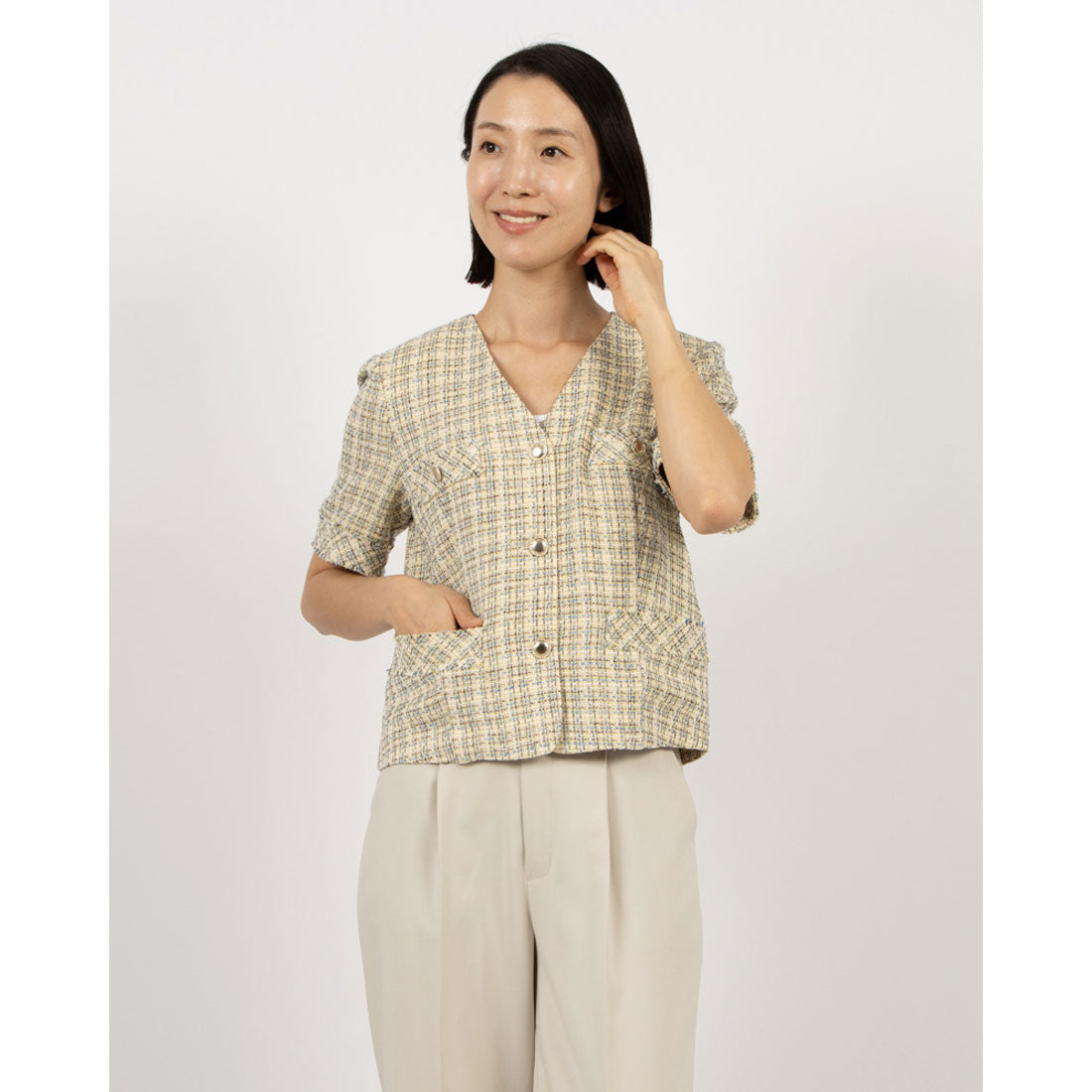 ルエブル LOEUVRE Half Sleeve Tweed Crop Jacket,YELLOW