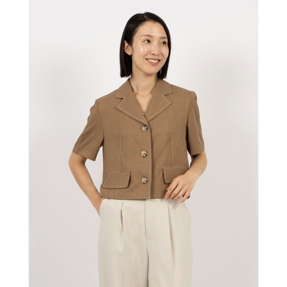 ルエブル LOEUVRE Top-Stitched Half Sleeve Jacket,D/BEIGE