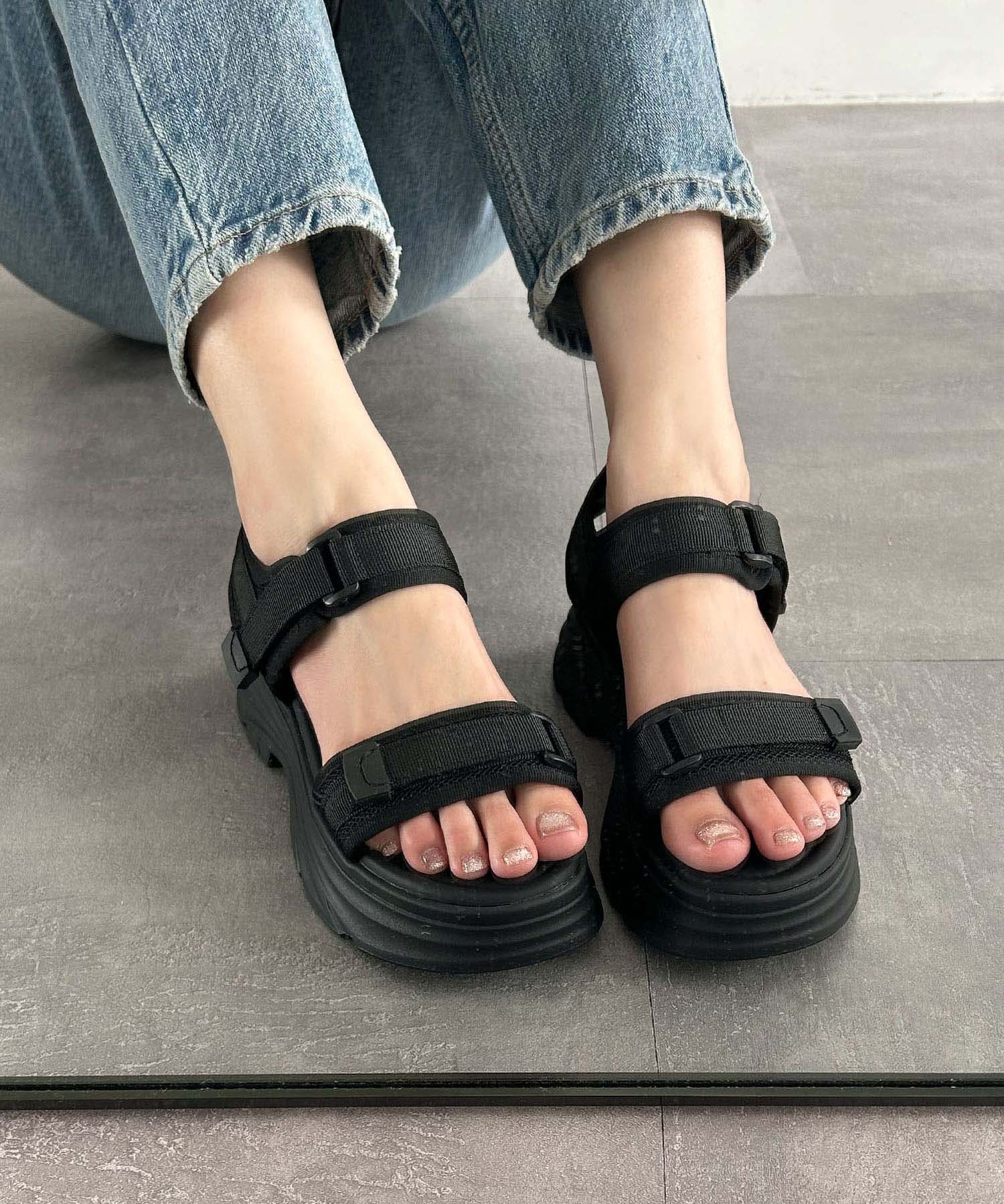 ロワ LOWO スポーツサンダル 厚底 オープントゥ サンダル パンプス （ブラック） ブラック