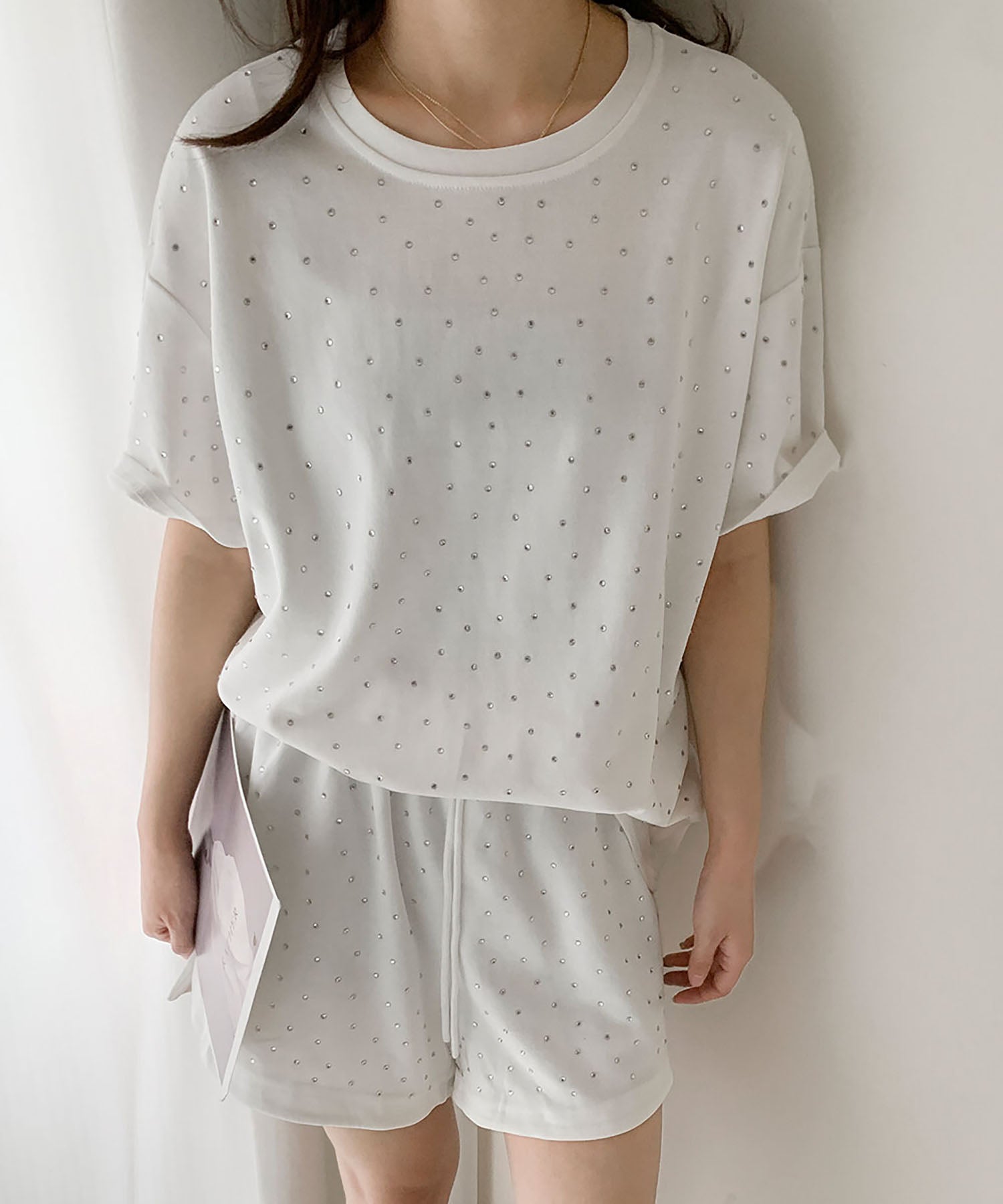 ロワ LOWO ドットストーンTシャツ・ショートパンツ セットアップ 2点セット （オフホワイト） オフホワイト