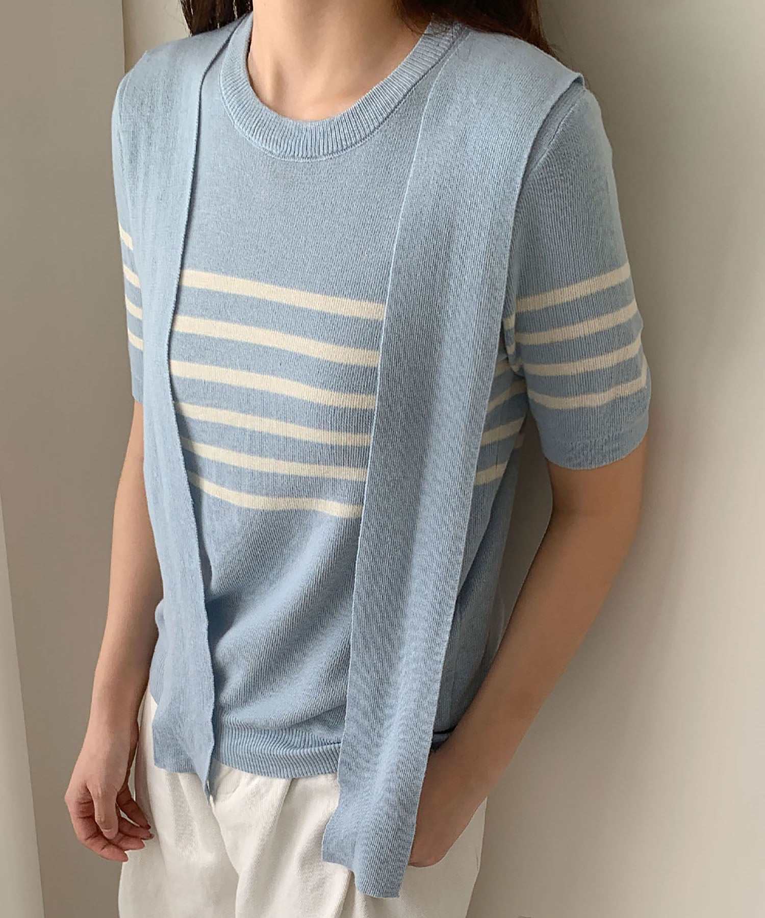 ロワ LOWO 肩掛けデザインボーダーニットプルオーバー （ブルー） ブルー