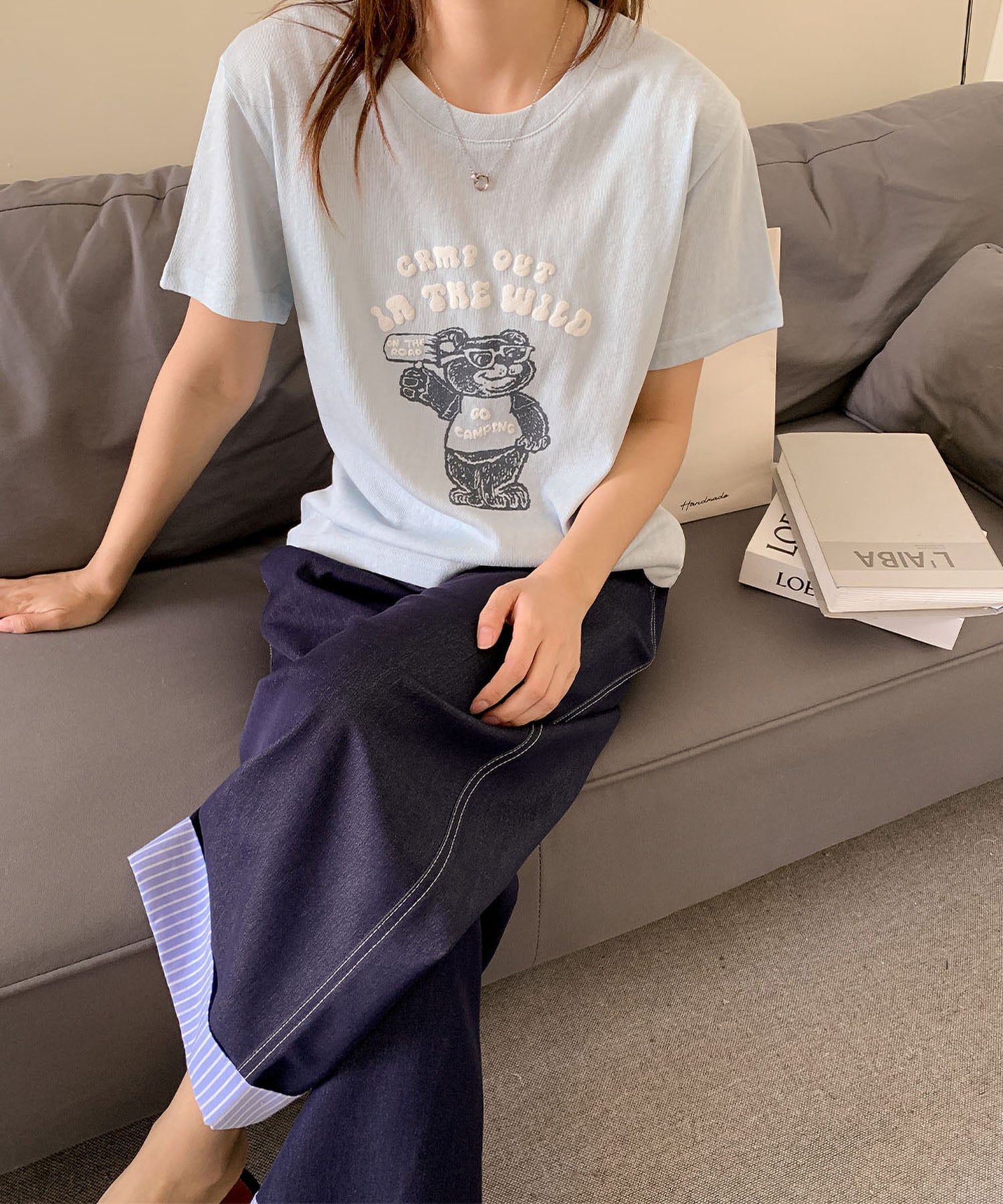 ロワ LOWO 綿麻混ベアープリントTシャツ カットソー （ブルー） ブルー