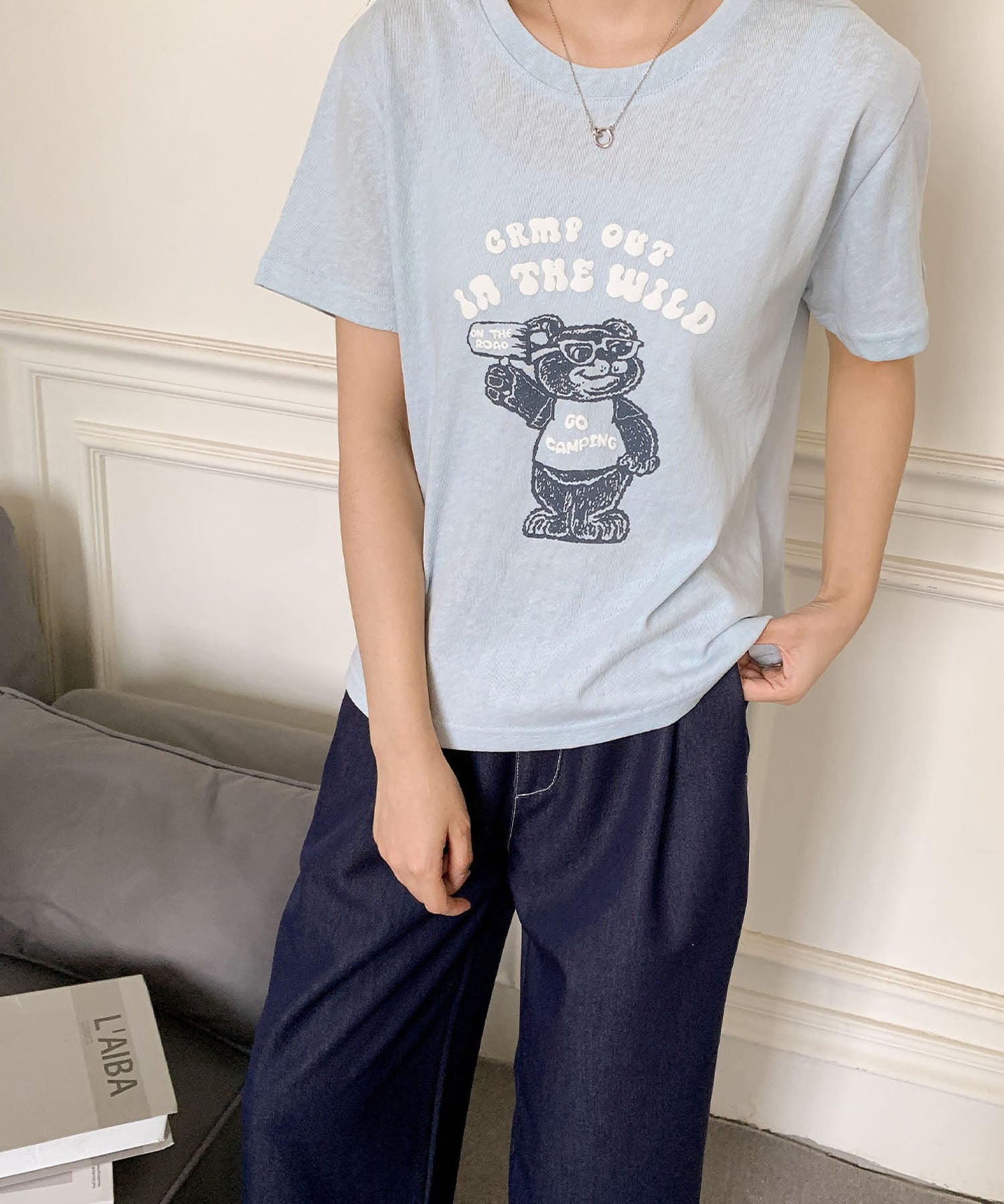 ロワ LOWO 綿麻混ベアープリントTシャツ カットソー （ブルー） ブルー