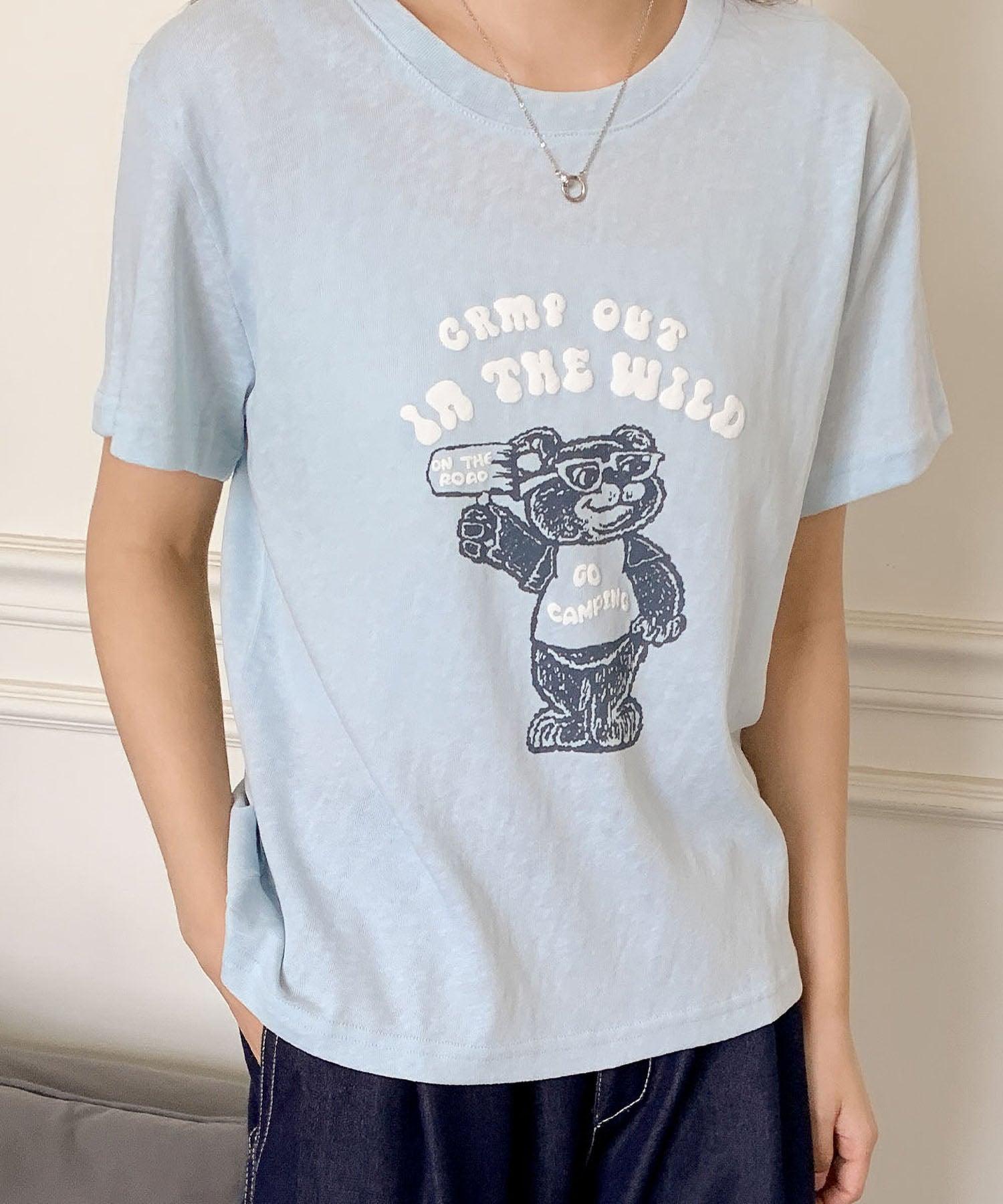 ロワ LOWO 綿麻混ベアープリントTシャツ カットソー （ブルー） ブルー