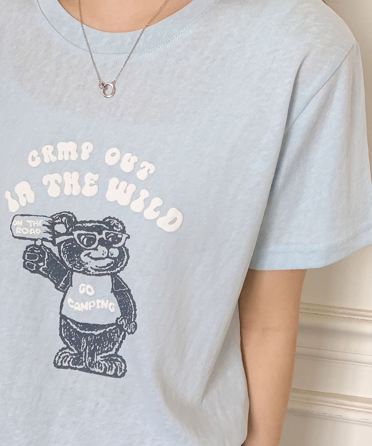 ロワ LOWO 綿麻混ベアープリントTシャツ カットソー （ブルー） ブルー