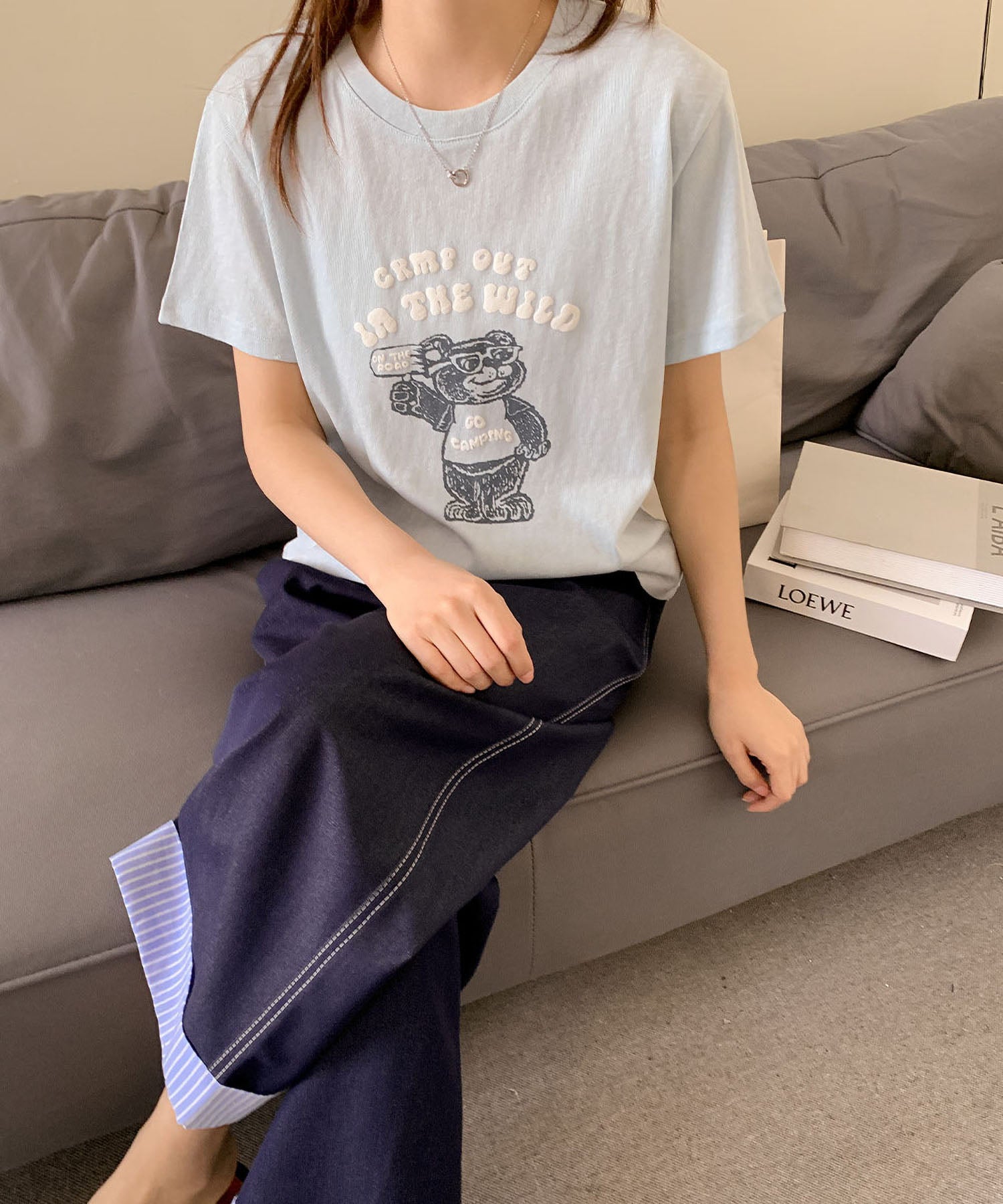 ロワ LOWO 綿麻混ベアープリントTシャツ カットソー （ブルー） ブルー