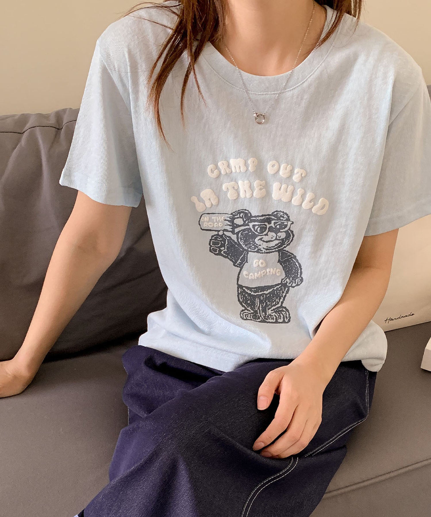 ロワ LOWO 綿麻混ベアープリントTシャツ カットソー （ブルー） ブルー