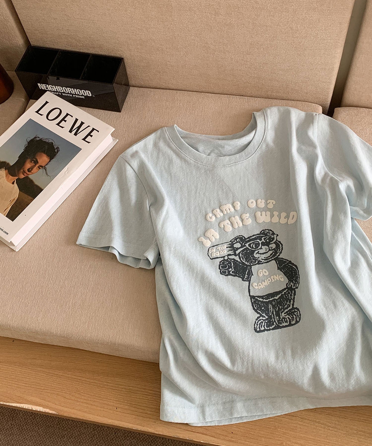 ロワ LOWO 綿麻混ベアープリントTシャツ カットソー （ブルー） ブルー