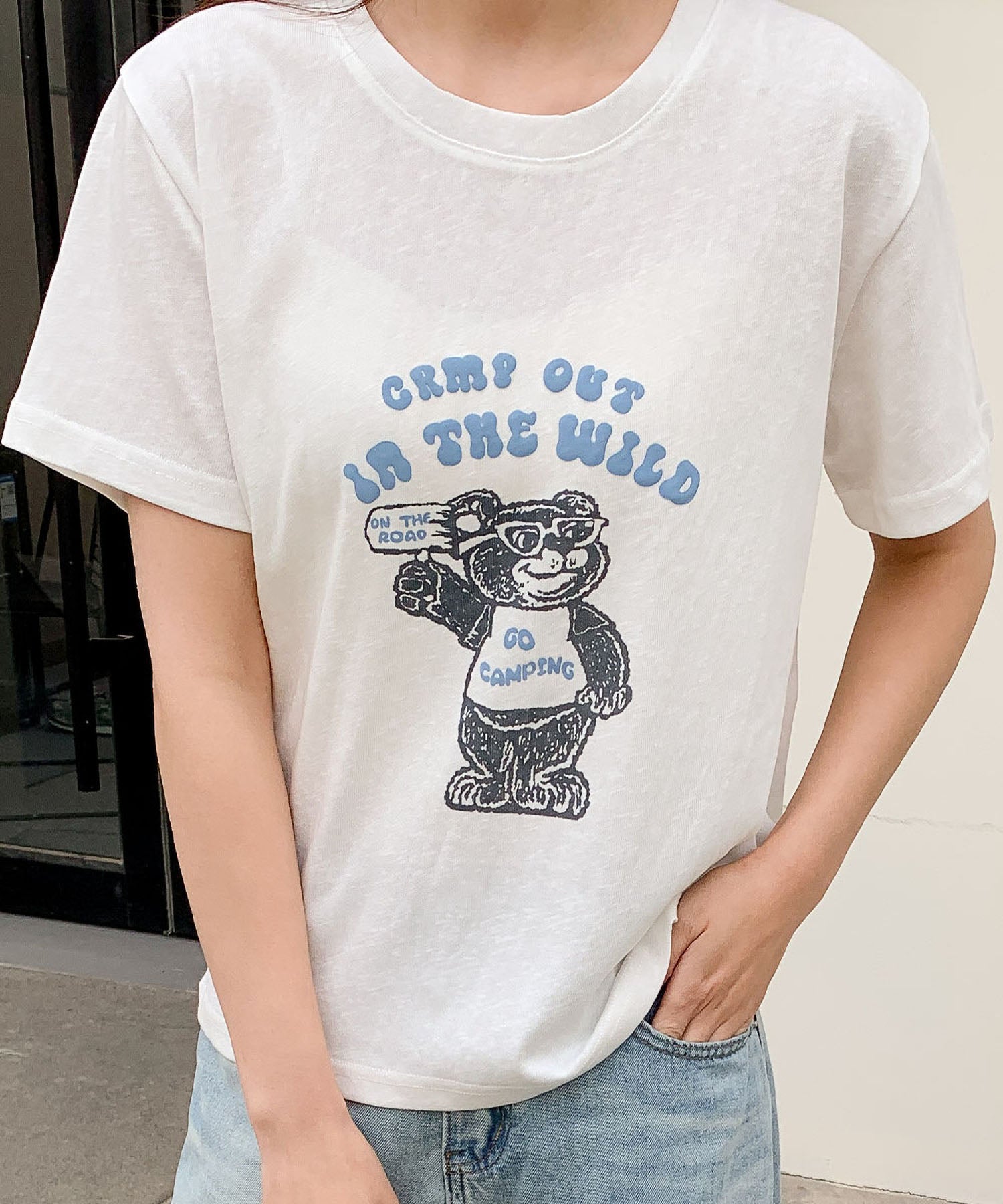 ロワ LOWO 綿麻混ベアープリントTシャツ カットソー （ホワイト） ホワイト