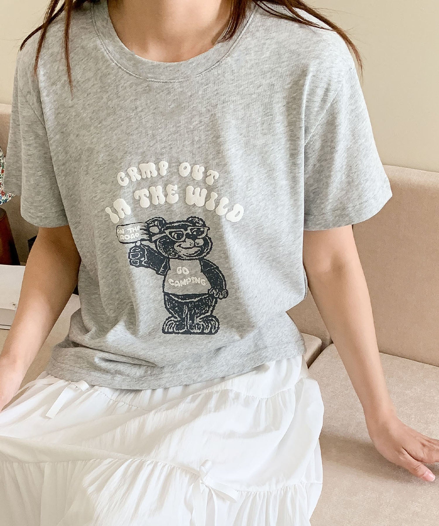 ロワ LOWO 綿麻混ベアープリントTシャツ カットソー （グレー） グレー