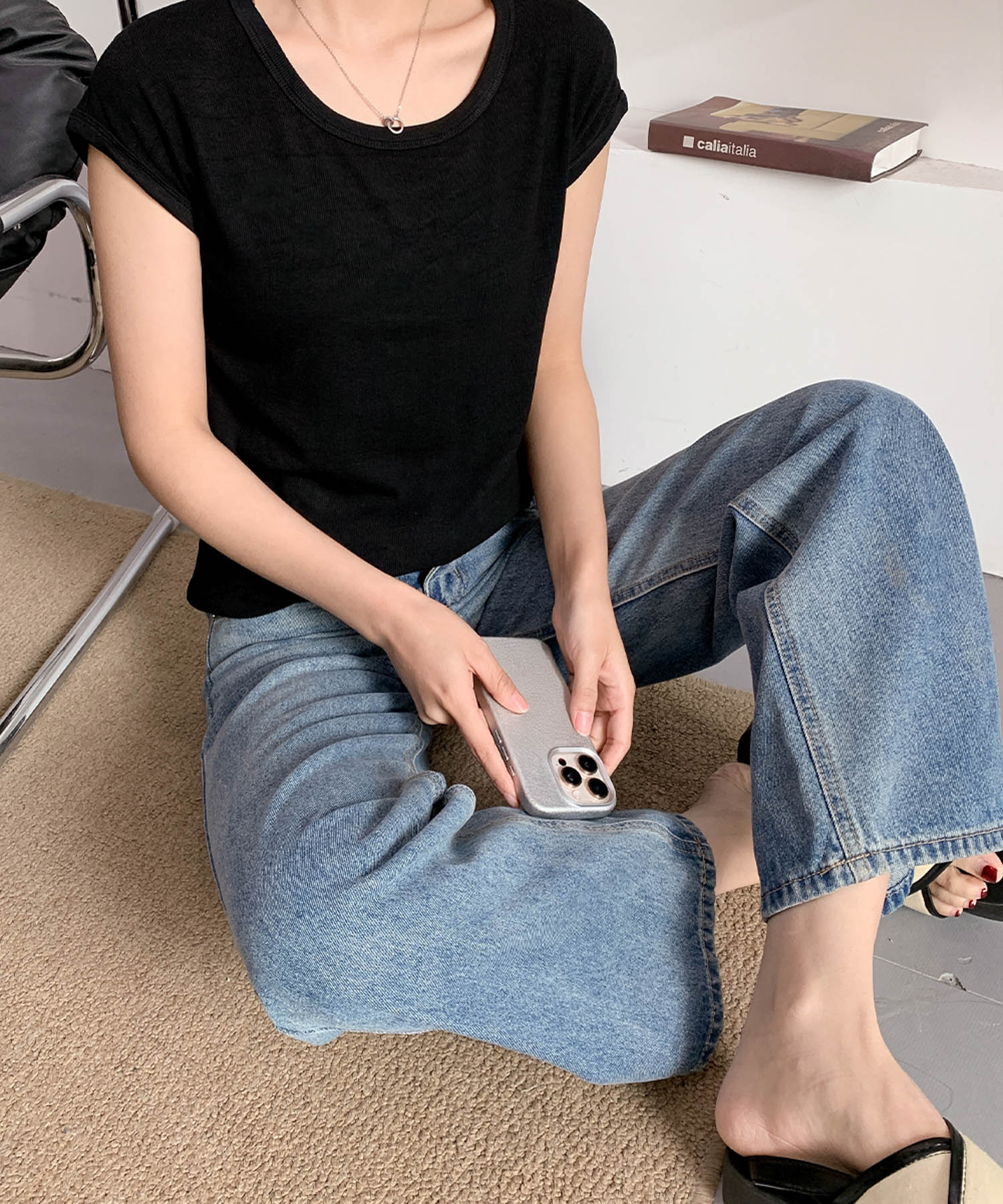 ロワ LOWO フレンチスリーブTシャツ カットソー （ブラック） ブラック