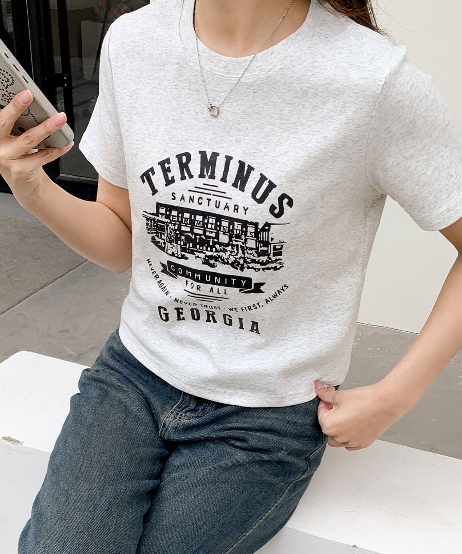 ロワ LOWO 綿混フロントプリントTシャツ カットソー （グレー） グレー
