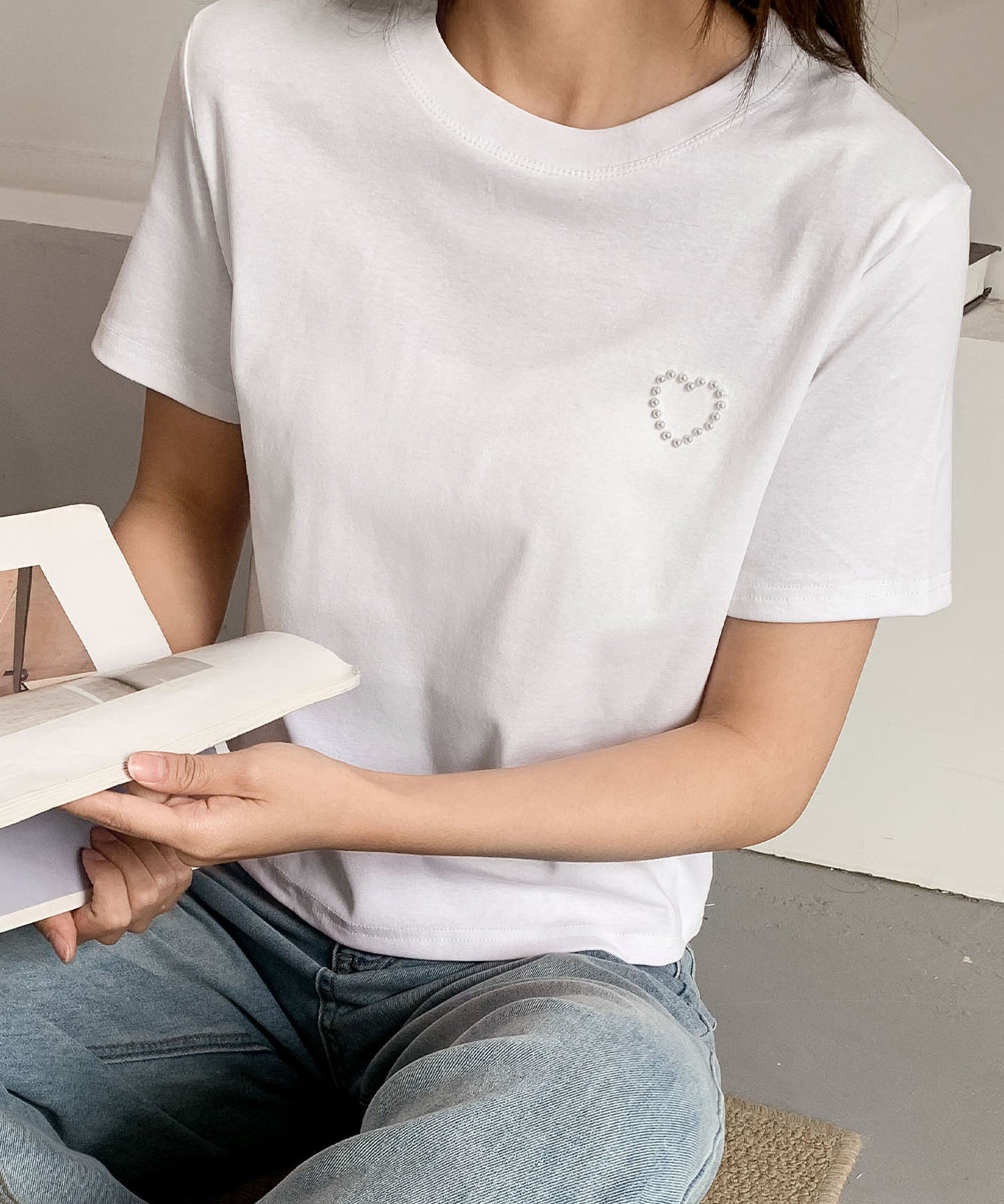 ロワ LOWO 綿混ワンポイントパールハートTシャツ カットソー （ホワイト） ホワイト