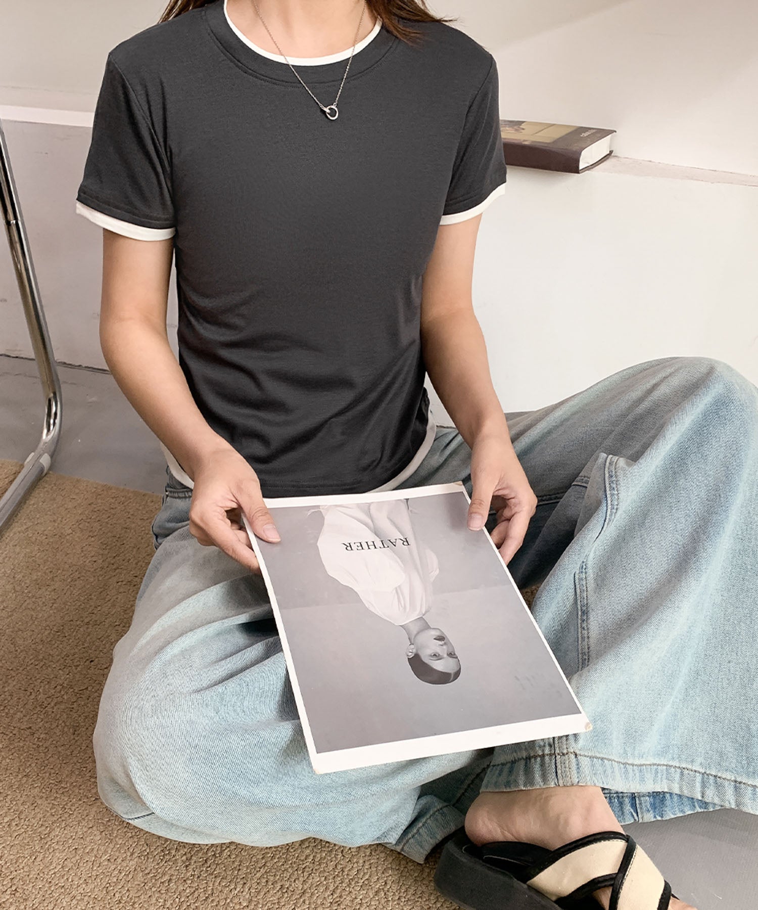 ロワ LOWO レイヤード風バイカラー無地Tシャツ カットソー （チャコールグレー） チャコールグレー