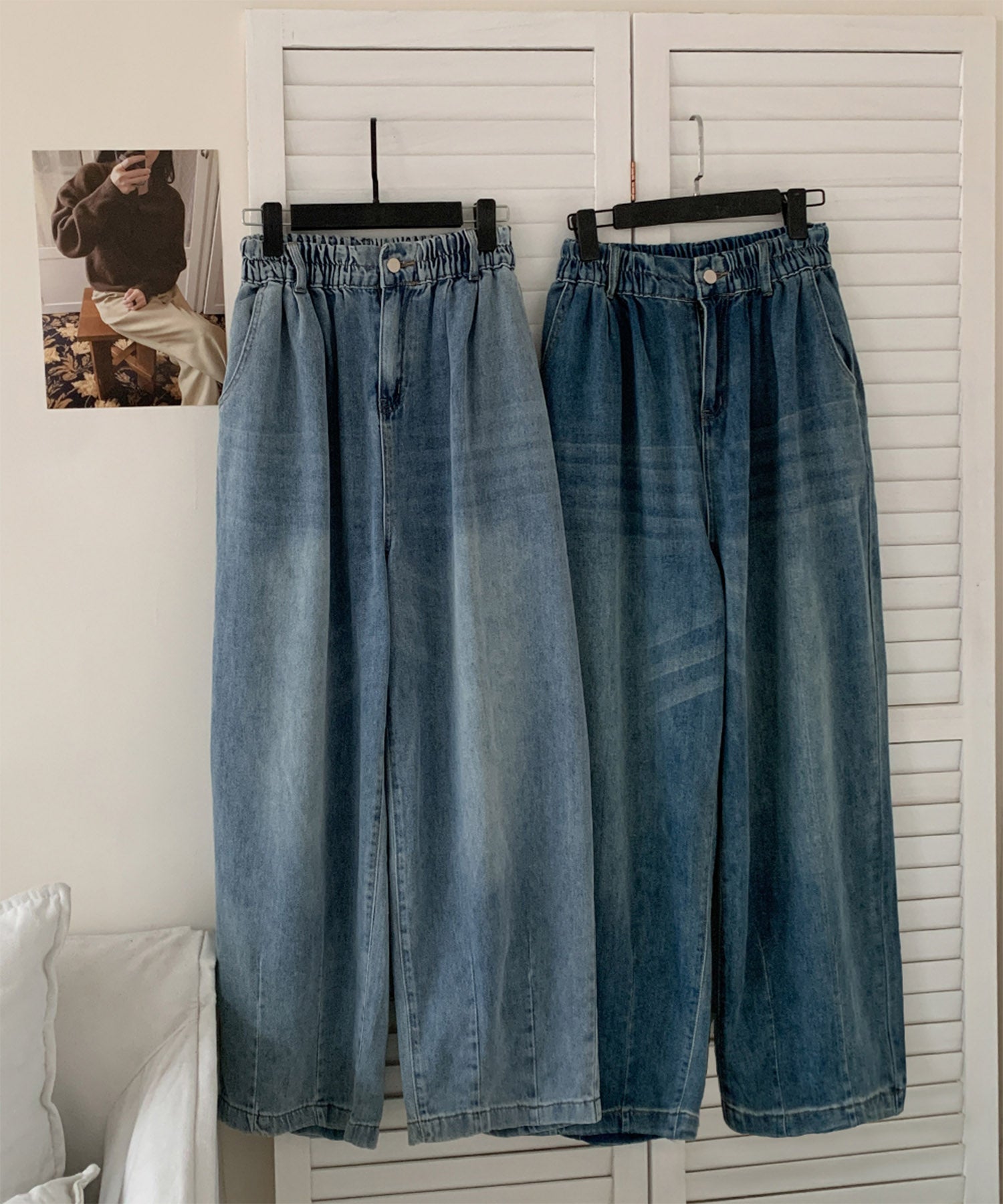 ロワ LOWO 綿混カーヴィーシルエットハイウエストワイドデニムパンツ（ブルー） スカイブルー