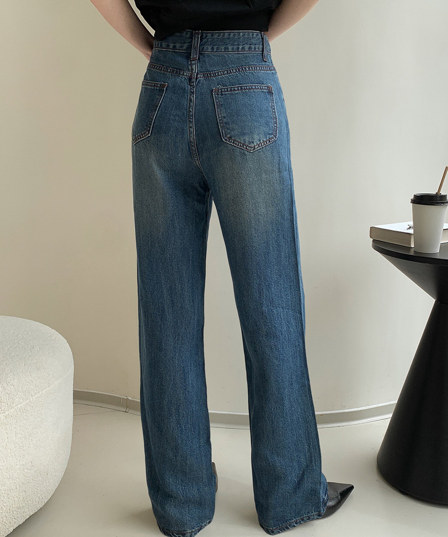 ロワ LOWO ウォッシュド加工ハイウエストストレートデニムパンツ （インディゴ） インディゴ