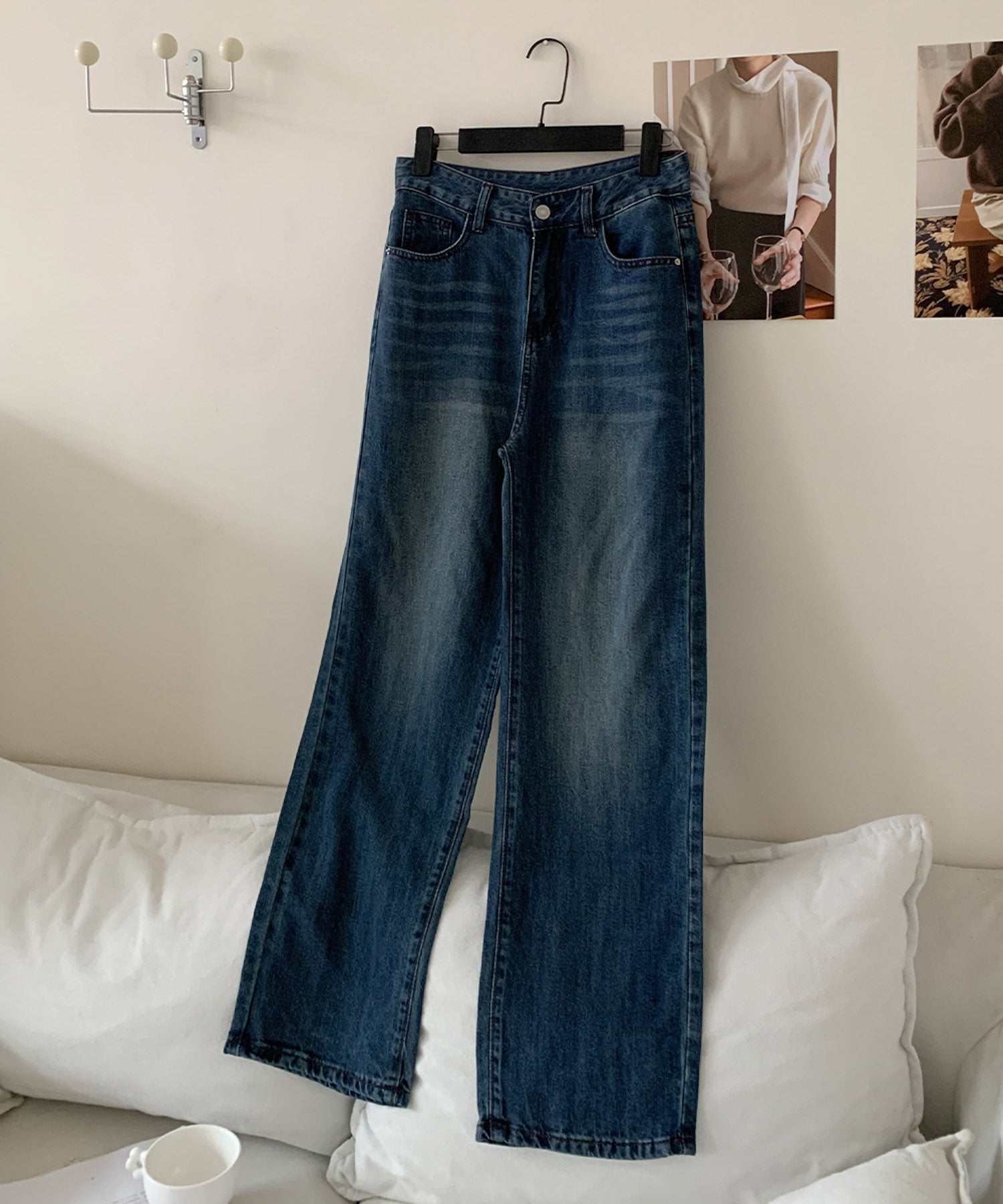 ロワ LOWO ウォッシュド加工ハイウエストストレートデニムパンツ （インディゴ） インディゴ